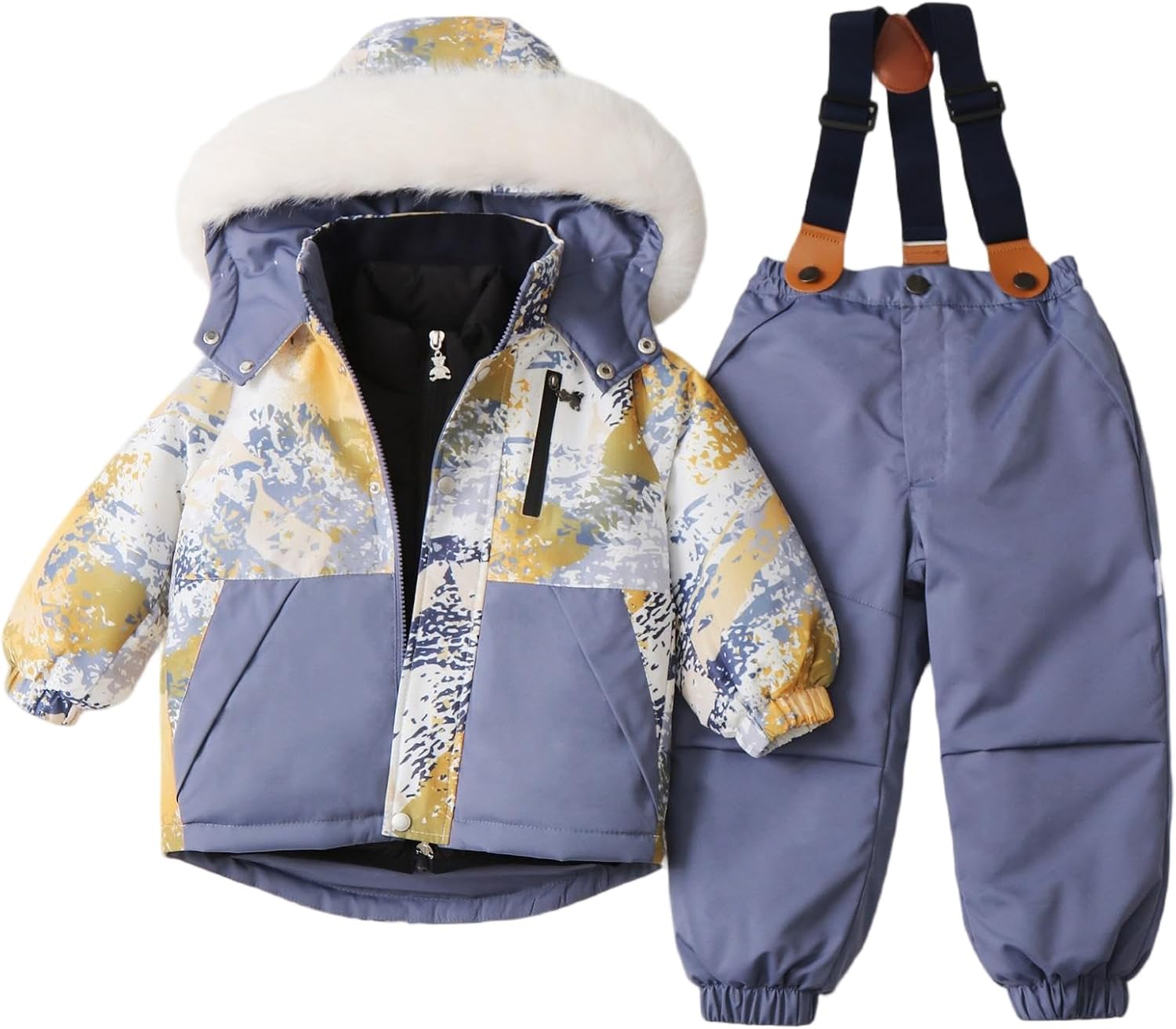 Toddler Kids Hooded Snowsuit 3 Piece Ski Jacket + Vest + 𝗦𝗻ow Bib Windproof Set Winter Lightweight 𝗦𝗻ow Suit