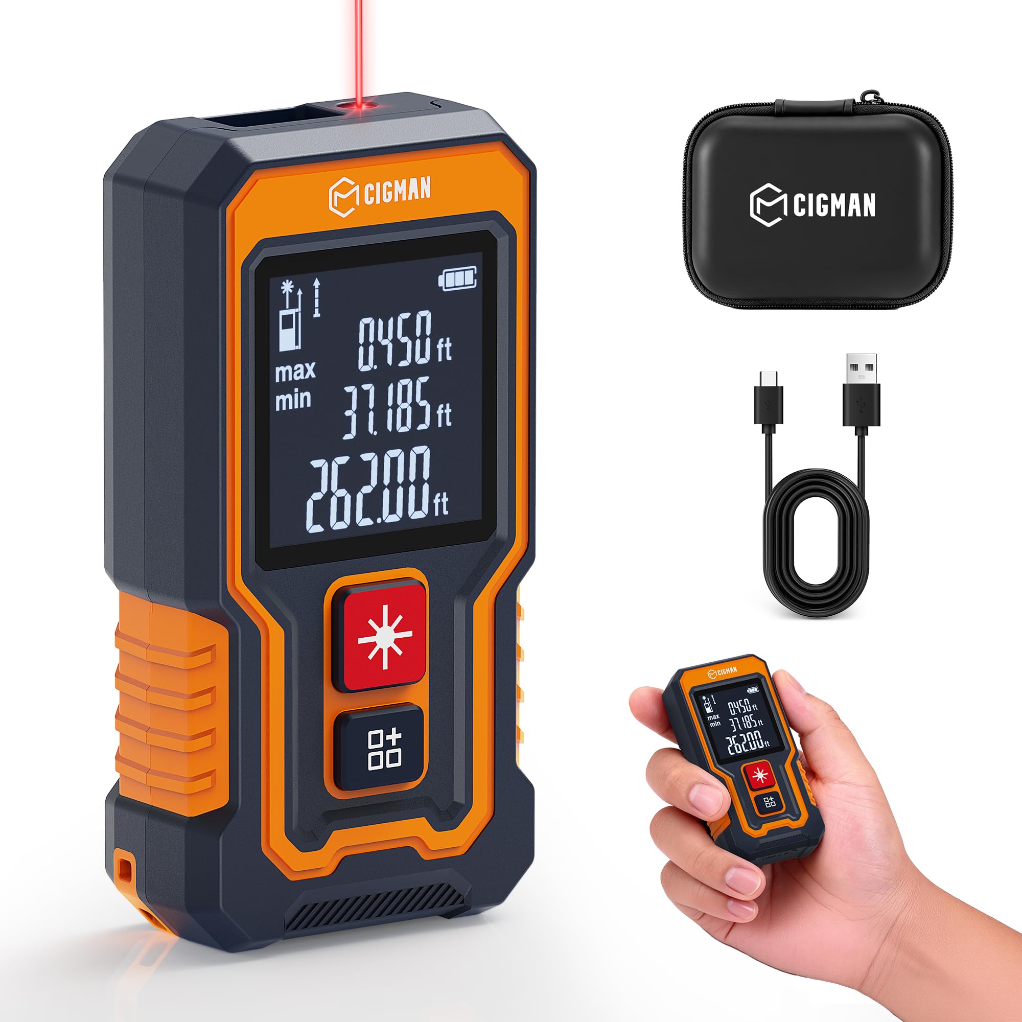 80 m Laser-Entfernungsmesser, CIGMAN Digitales Lasermessgerät mit hoher Genauigkeit, Mini Lasermessgerät mit wiederaufladbarer Batterie und LCD zur Messung von Entfernung/Fläche/Volumen/Pythagoras