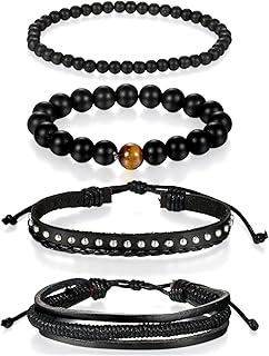 Flongo Men's Women Unisex Vintage Handmade Braided Leather Bead Surf Cuff Bracelet Set, alloy, leather, wood, No_Stone