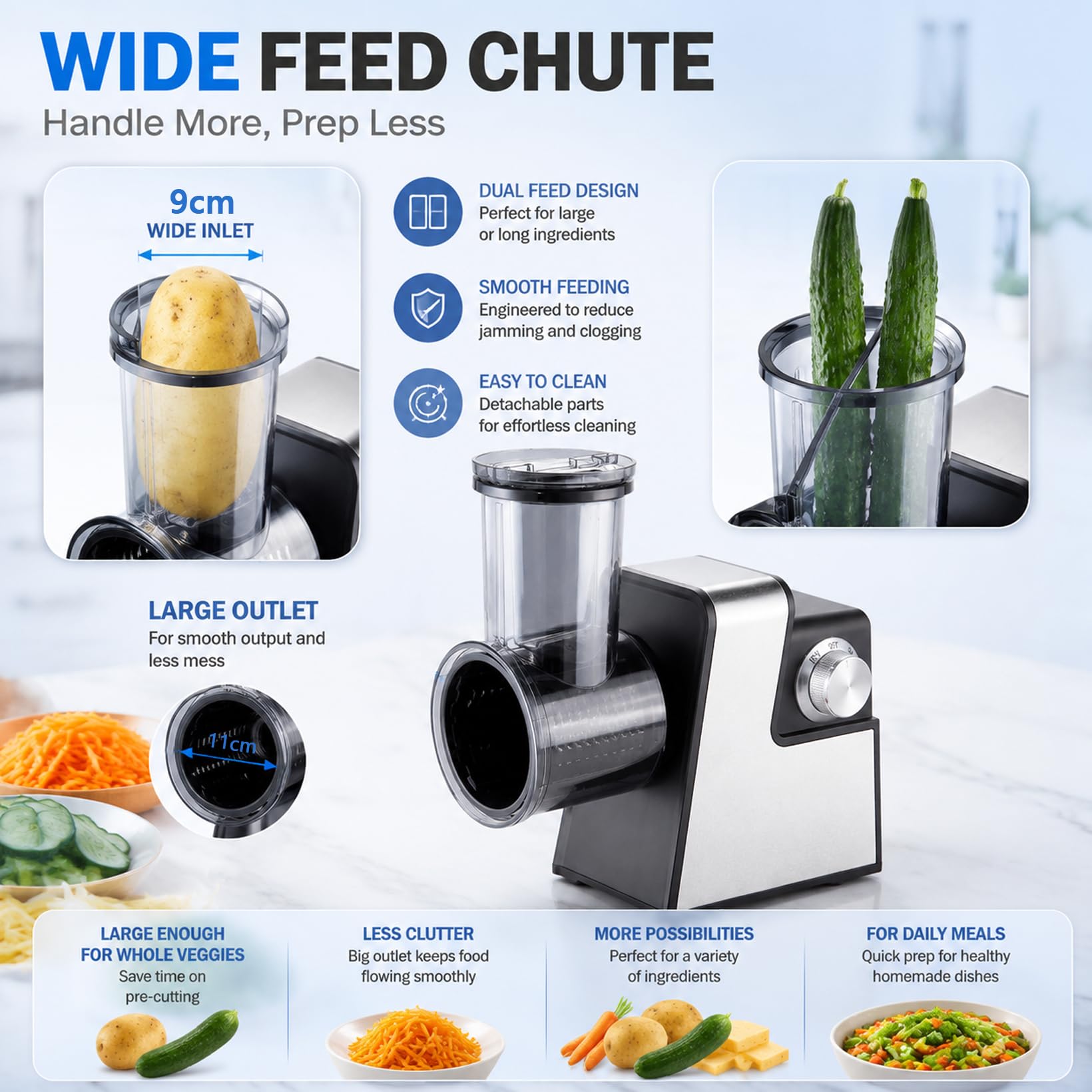 Rapeuse Legume Electrique 300W avec 7 Lames pour Fromage Légumes Fruits