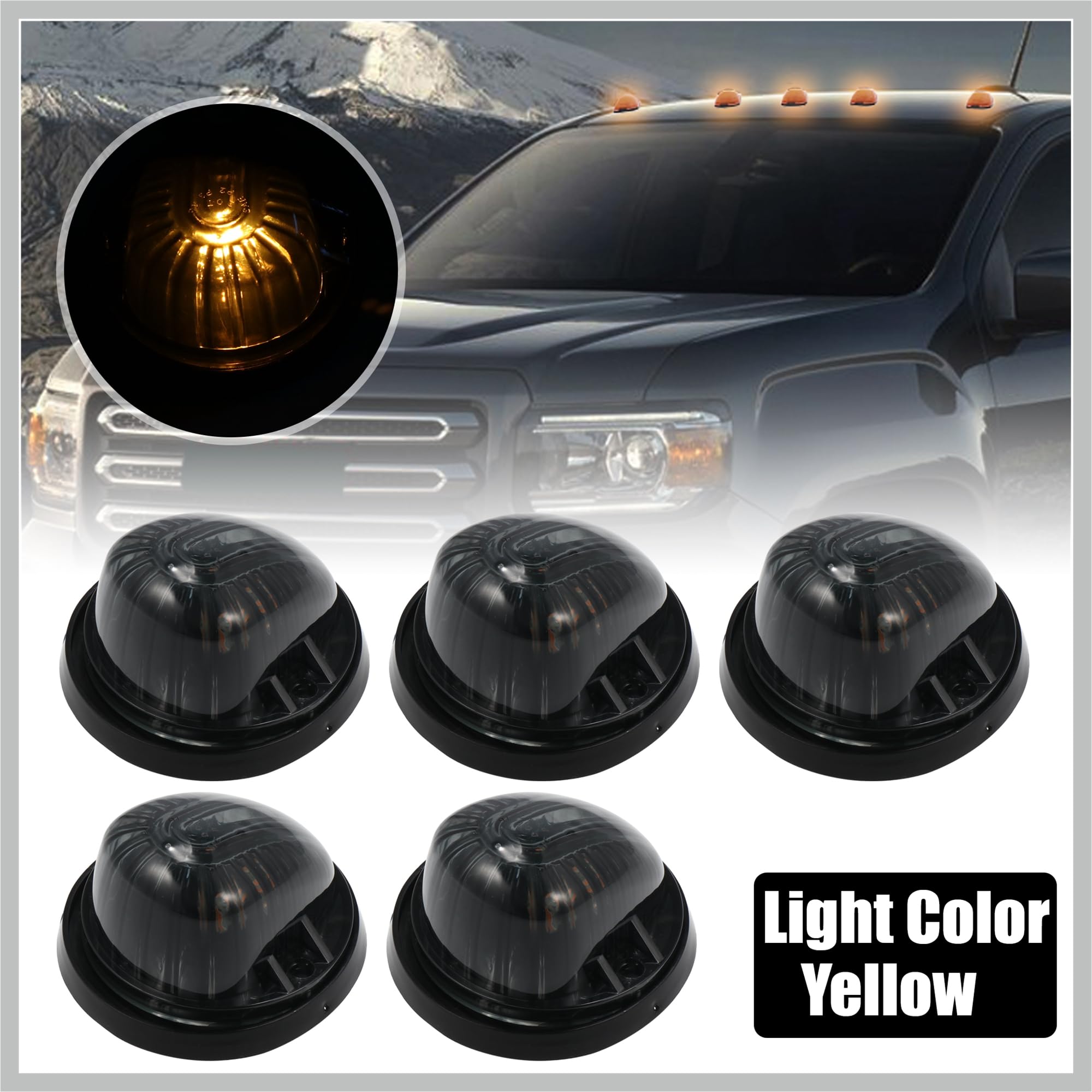 RATCHROLL 5pcs Car Top Cab Marker Light Roof Running Lamps Smoked Black Covers Lens Yellow LED Light for Chevrolet C30 C20 K30 K20 1977-1986 for GMC C1500 1979-1984 Replacement Car Parts