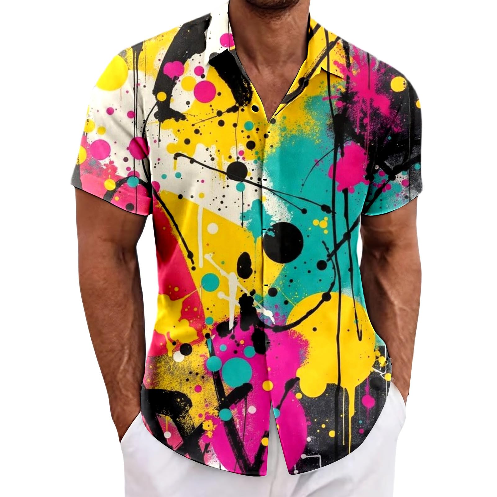 RUMAOZIA Men's Hawaiian Shirt 80s 90s Style Short Sleeve Carnival Fancy Dress Outfit 80s Shirts 90s Button Up Shirt Retro Hawaiian Beach Shirt Neon Disco Funny Party Shirts Colourful Vintage Shirts, S