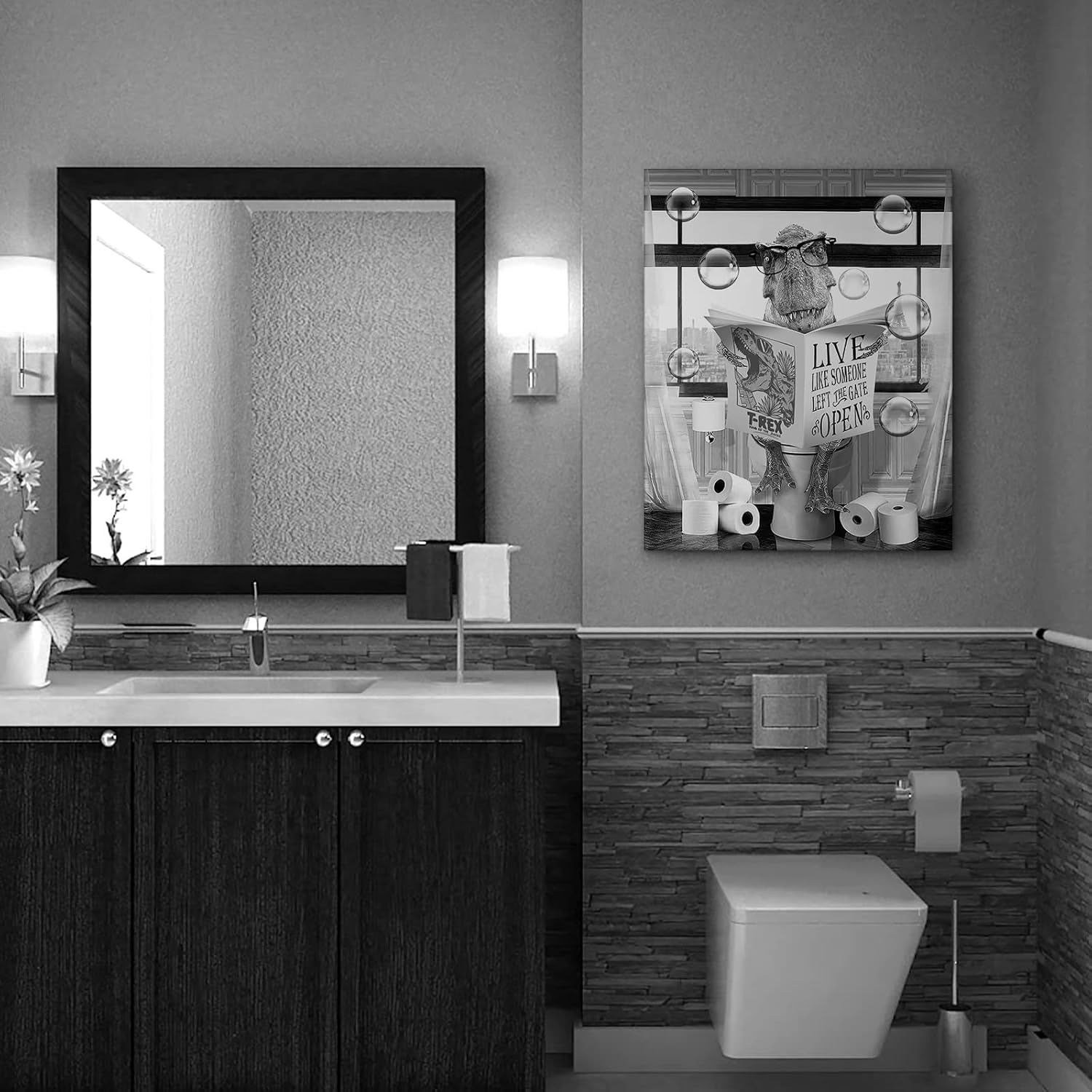 Dinosaur Bathroom Decor Canvas Wall Art Farmhouse Bathroom Picture Dinosaur Sitting in Toilet Reading Newspaper Painting for Toilet Bathroom Animals Artwork Framed 16"x20"