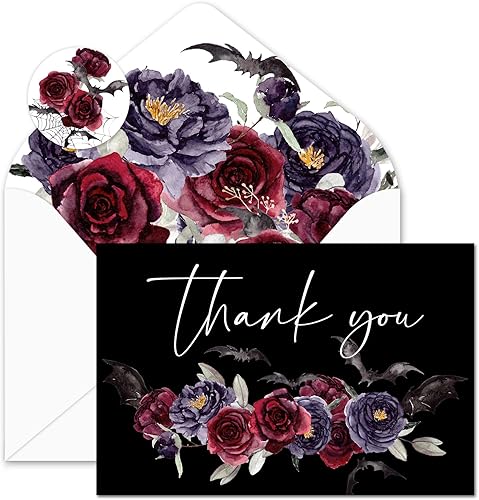 AnyDesign - Paquete de 25 tarjetas de felicitación florales de agradecimiento, tarjetas de invitación de murciélago de flores de Halloween, tarjetas