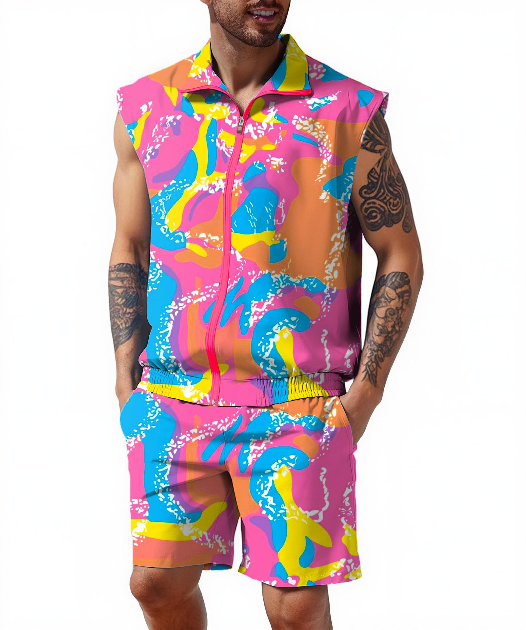 UOUA Men 80s Outfit 90s Costume 2 Piece Shorts Set Themed Party Clothes