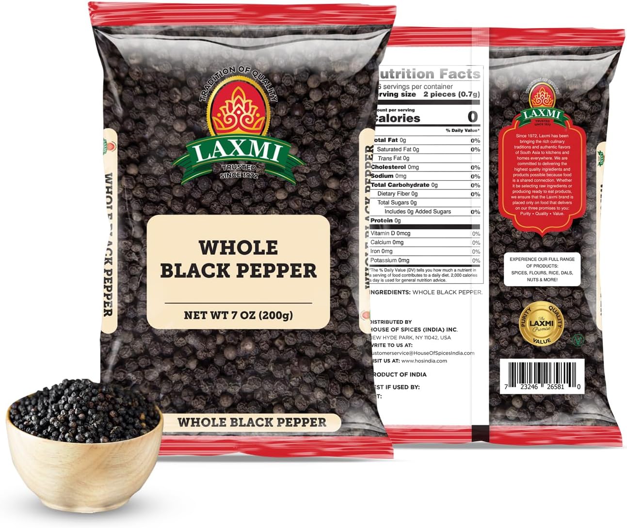 Laxmi Black Pepper Whole Peppercorns 200gm | Tellicherry Black Peppercorn | Premium quality and high value Peppercorns, black | Ethical sourced