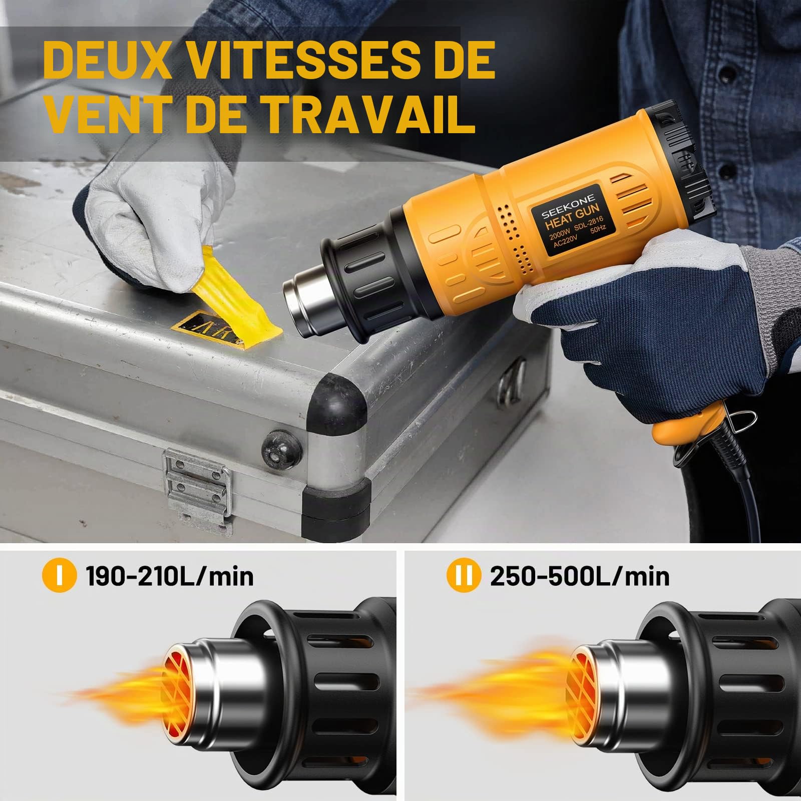 Décapeur Thermique Kit, SEEKONE Pistolet à Air Chaud 2000W avec Mallette à Outils, Réglable Température 50-600°C 190-500L/min, avec Protection de Surcharge, Noyau Chauffant en Céramique, 7 Accessoires