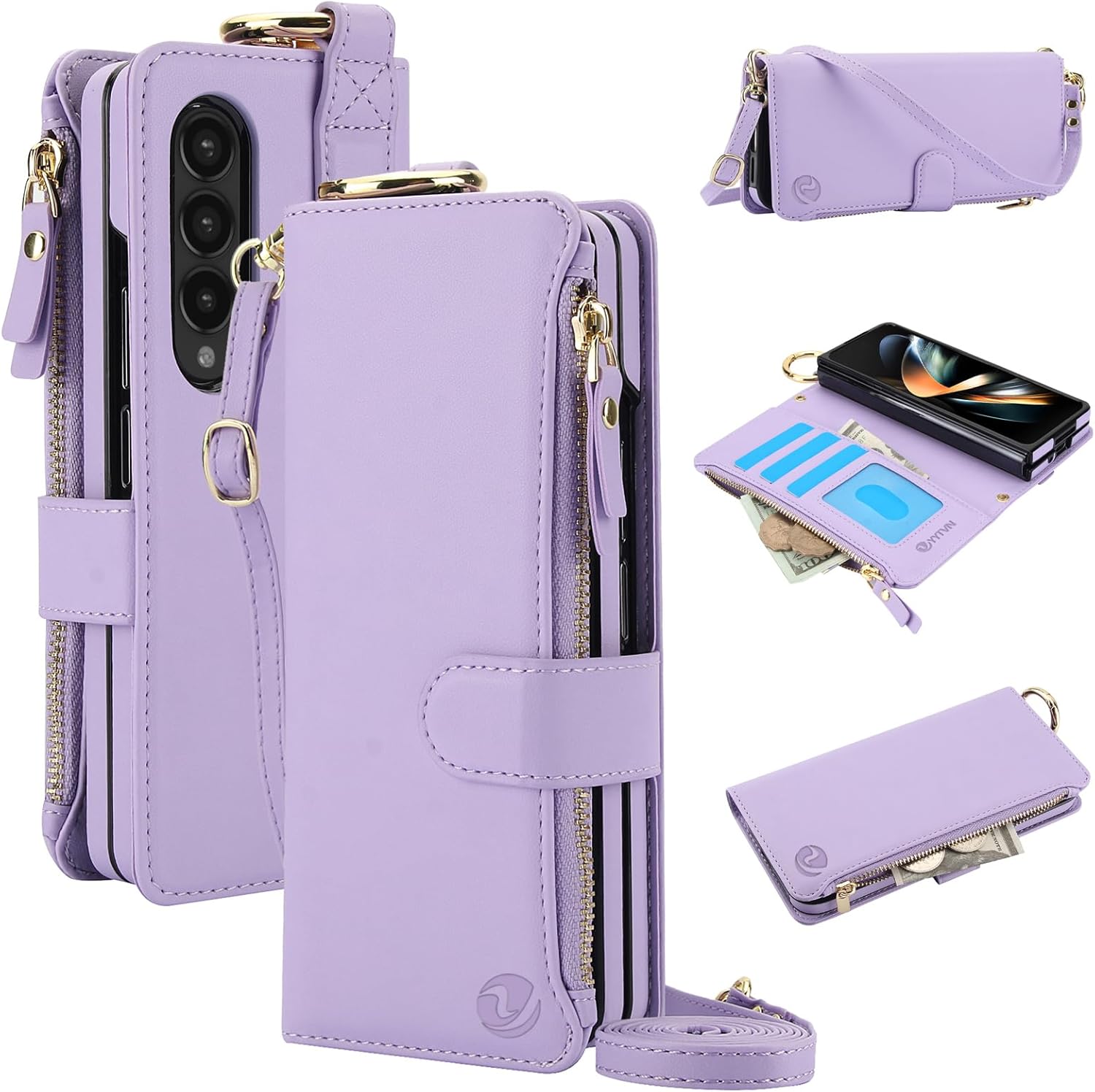 for Samsung Galaxy Z Fold 5 Case Wallet with RFID Blocking Card Holder and Shoulder Strap Wrist Strap, Multi-Function Stylish Ring Zipper Purse Case for Galaxy Z Fold 5, White