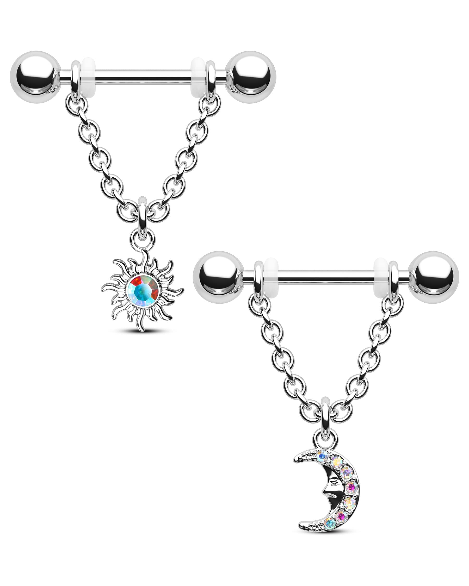 CM Crareesi Mania Nipple Rings for Women - 14G 316L Stainless Steel Piercing Jewelry - Dangle AB CZ Shield Rings