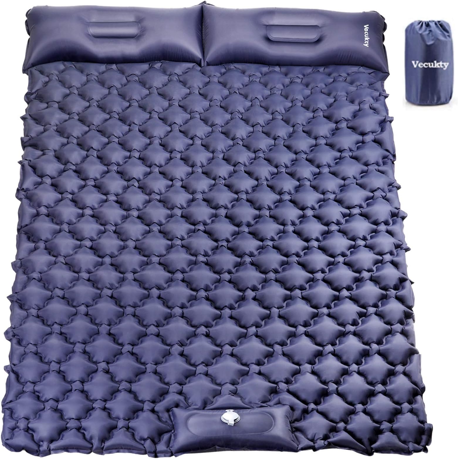 Double Camping Sleeping Pad, Upgraded Foot Press Inflatable Camping Pads with Pillow Waterproof Comfy Air Mattresses for Tents Hiking Traveling Backpacking Beac-Navy Blue