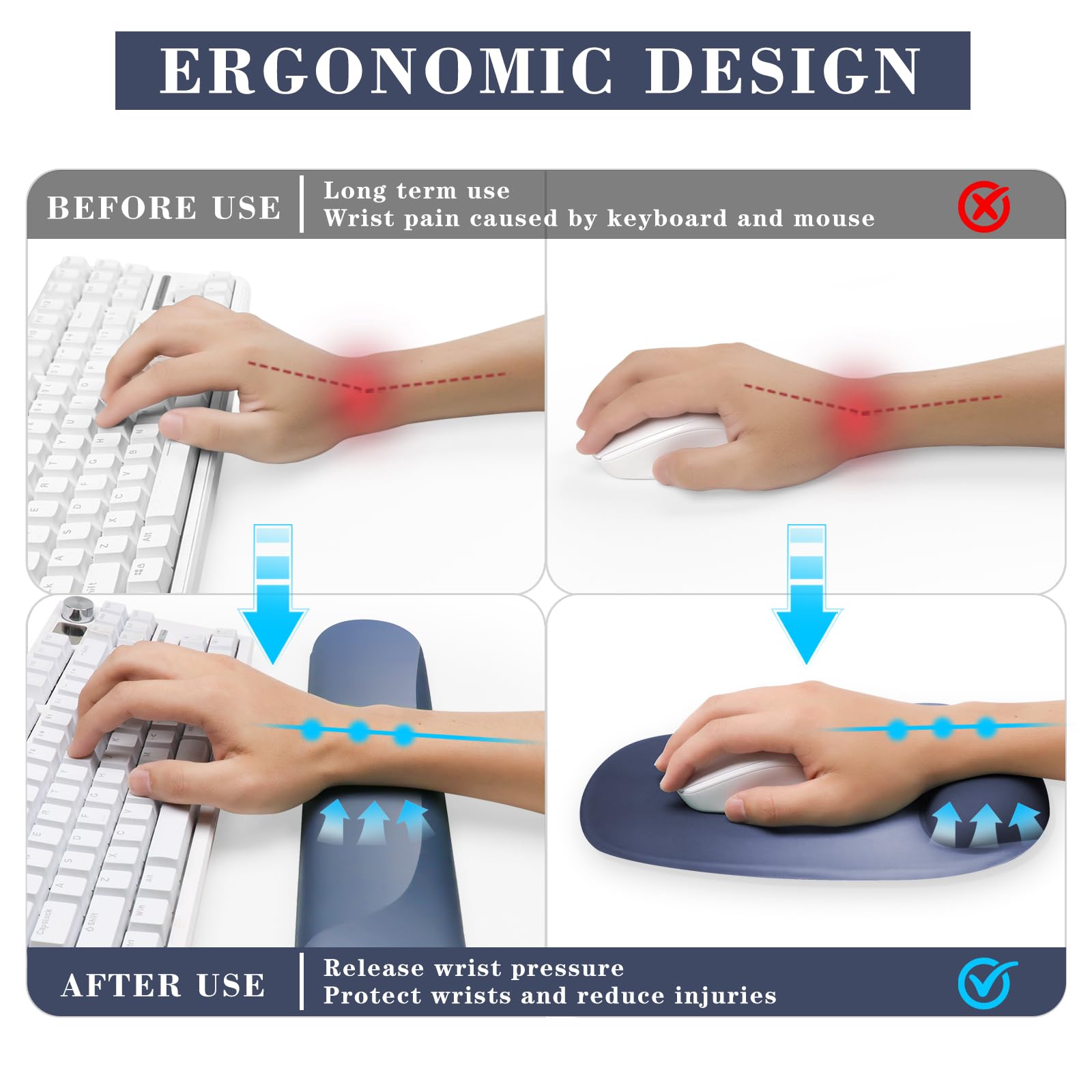 Wrist Rest Support for Mouse Pad and Keyboard Set, Ergonomic Gel Wrist Support - Fabric with Non-Slip, Soft & Comfortable, Relieve Office for Gaming Wrist Pain (Blue)
