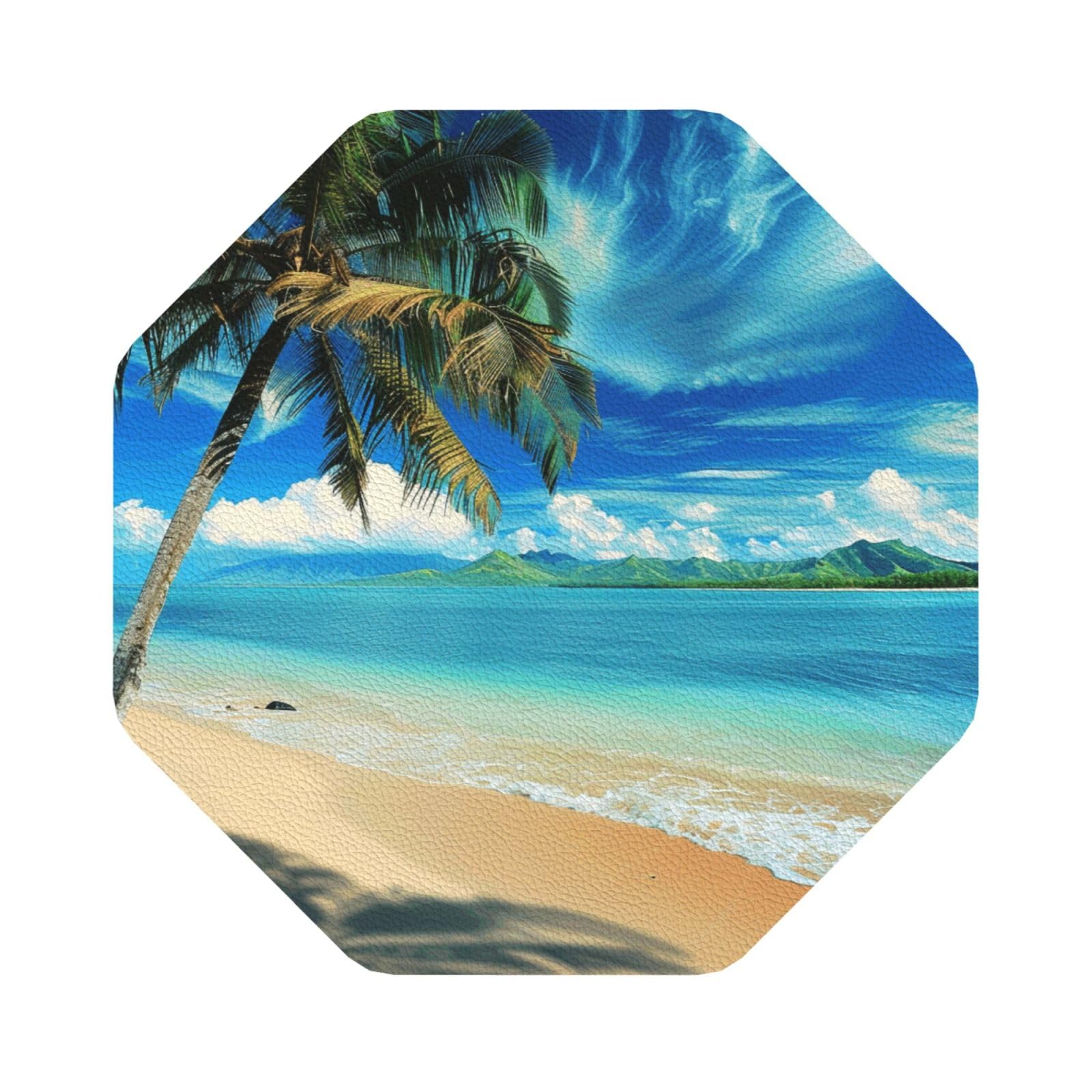 Tropical Palm Tree Hawaii Beach Print Leather Coaster Set of 6, Octagon Coasters Table Decorative Coffee Cup Beverage Coasters Wine Beer Bar Coasters for Hot Drinks Table Protection
