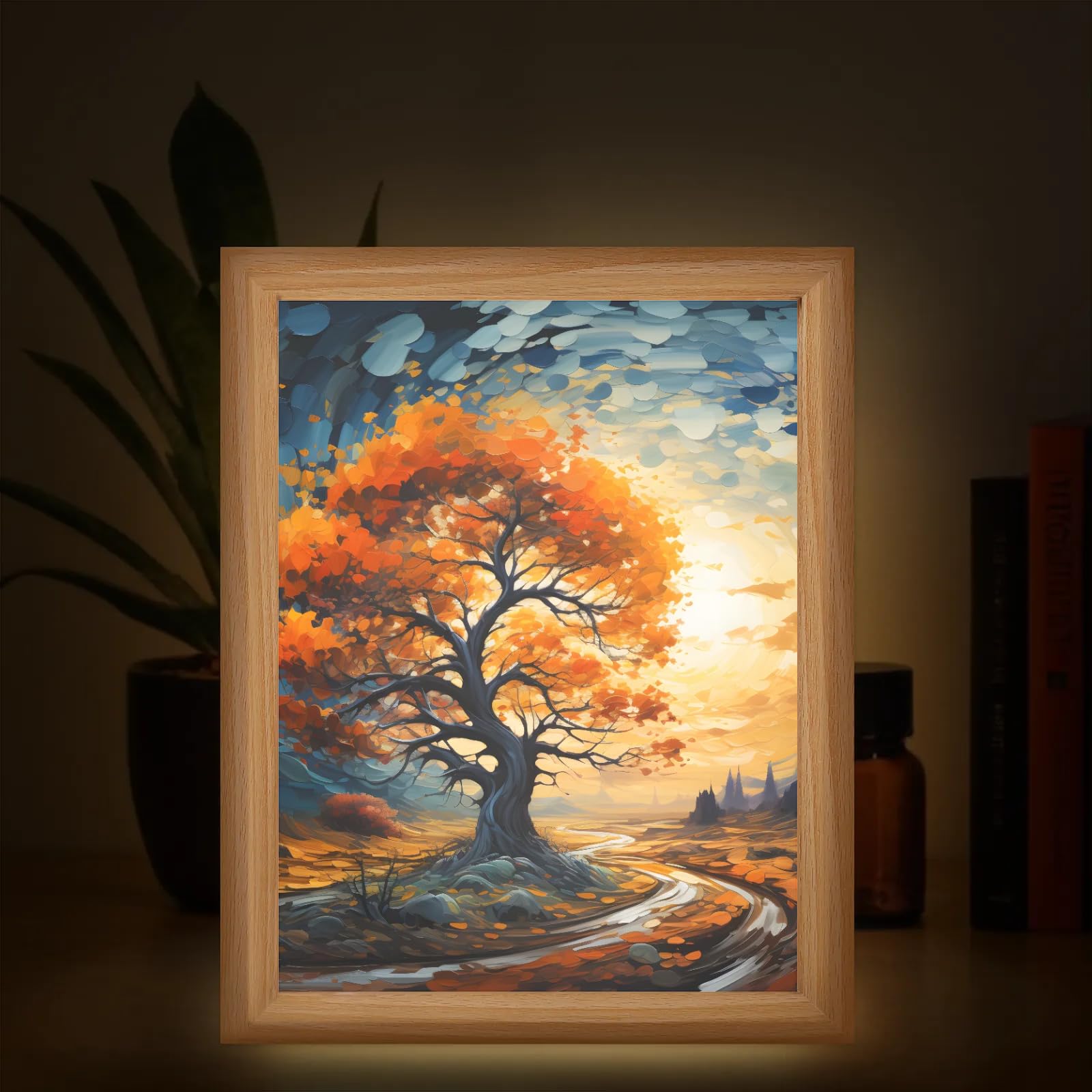 Light Up Painting, Autumn Tree Wall Art Picture Light Sunset Tree Light Up Desktop Art Frame, 10 Brightness, USB Powered, 3 Lighting Modes, Anxiety Relief Decor Gift for Bedroom Home