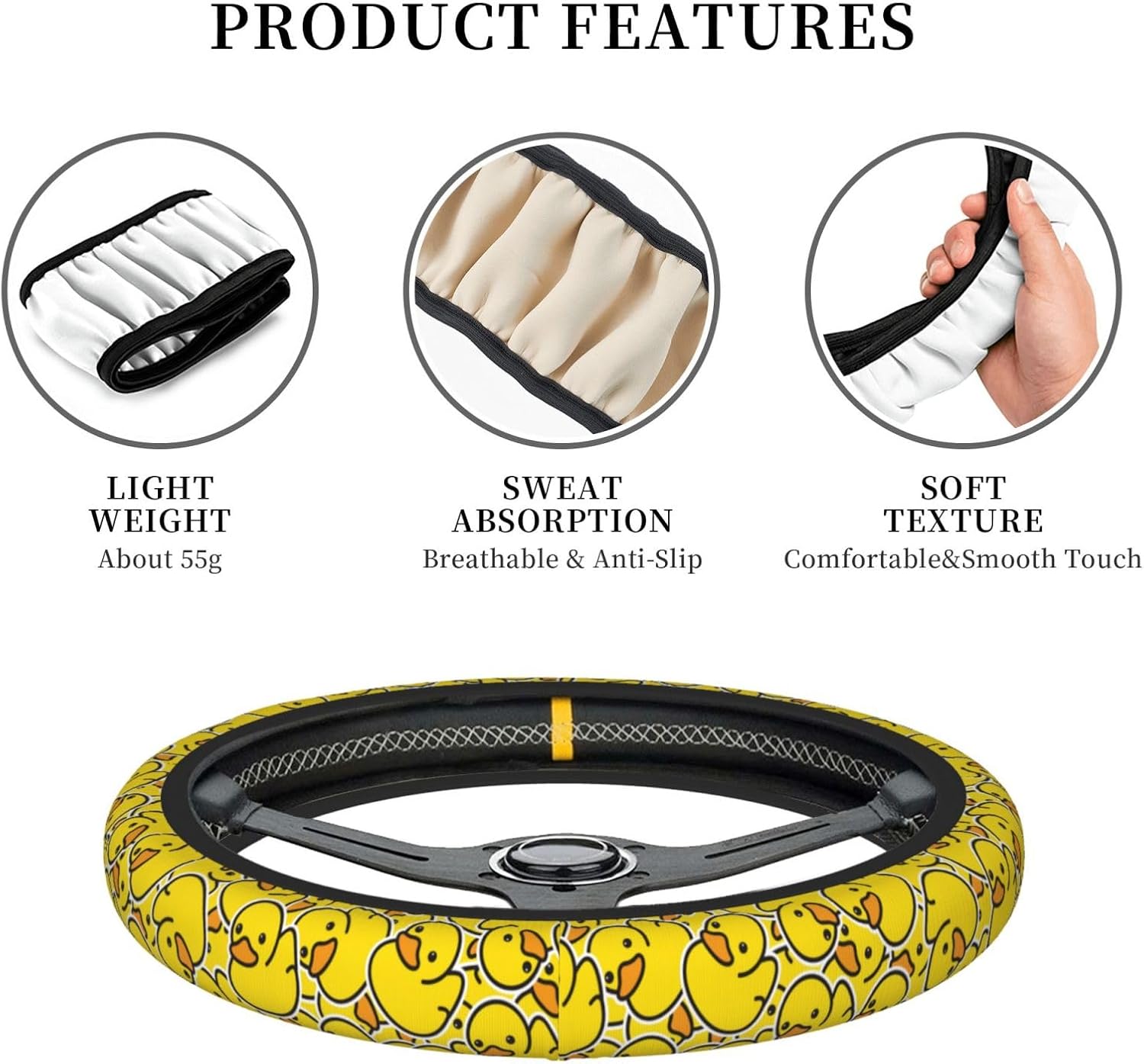 Duck Cartoon Cute Yellow Steering Wheel Cover for Women Men Girls Car Accessories Decor Anti-Slip Neoprene Auto Steering Wheel Covers Protector Universal 15 Inch