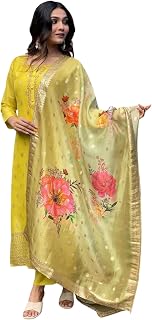 PURVIDHA Women's Viscose Organza Jacquard Embroidered Split Neck 3/4th Sleeves Straight Kurta with Pant and Dupatta Sets |... Price In India