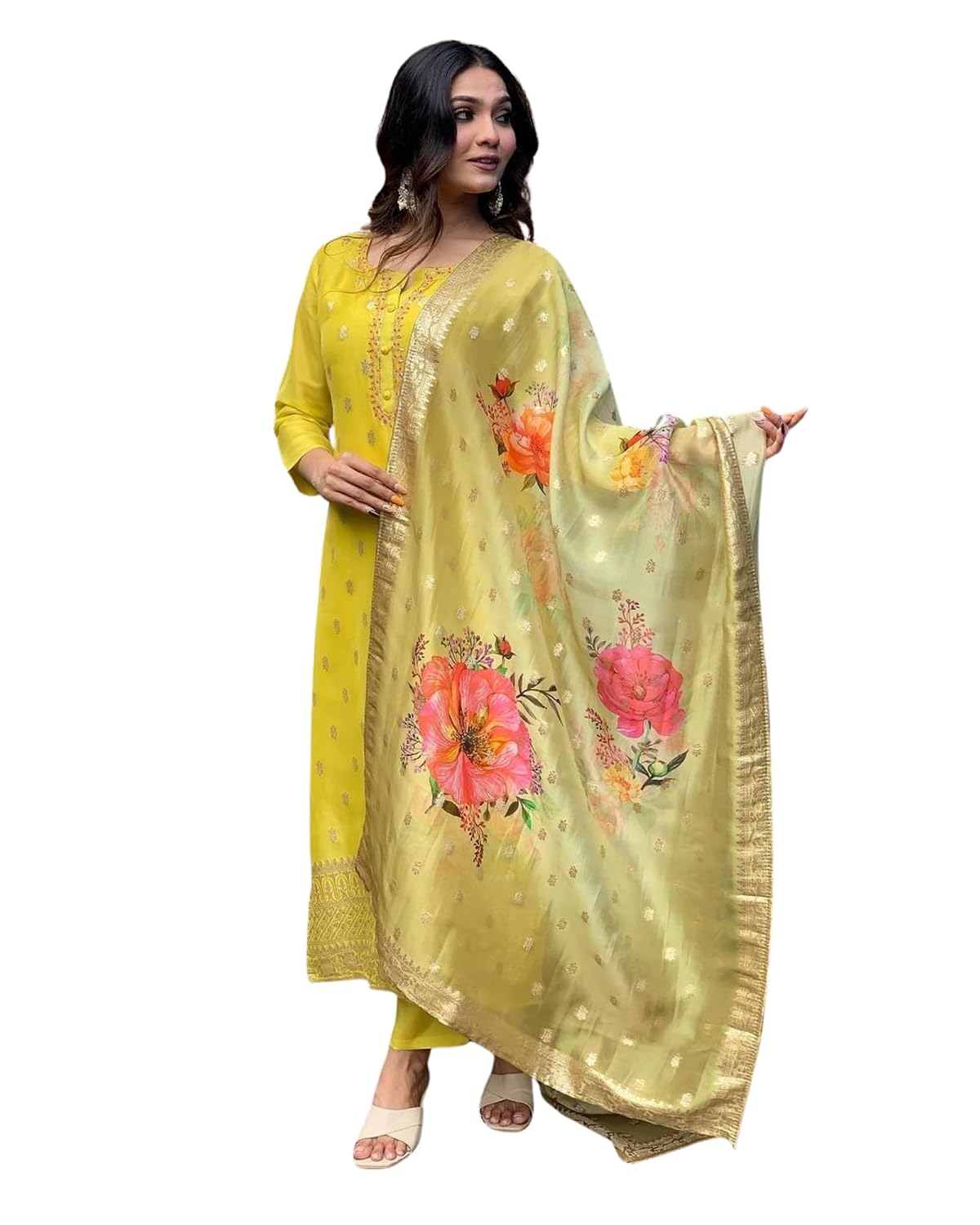 PURVIDHA Women's Viscose Organza Jacquard Embroidered Split Neck 3/4th Sleeves Straight Kurta with Pant and Dupatta Sets |... - Review, Price and Buying Guide