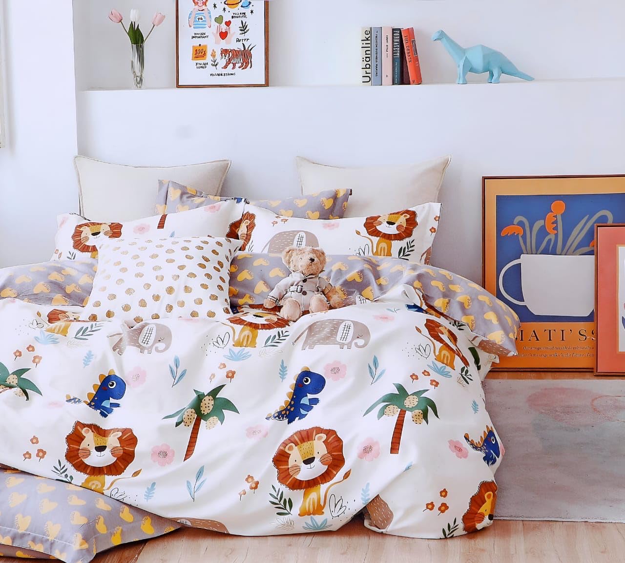 Kids Bedding Set, Cartoon Safari Animals Print, Glace Cotton | Lions & Dinosaurs, Breathable & Soft, Reversible Design, Easy to Wash, Children's Room-image-23