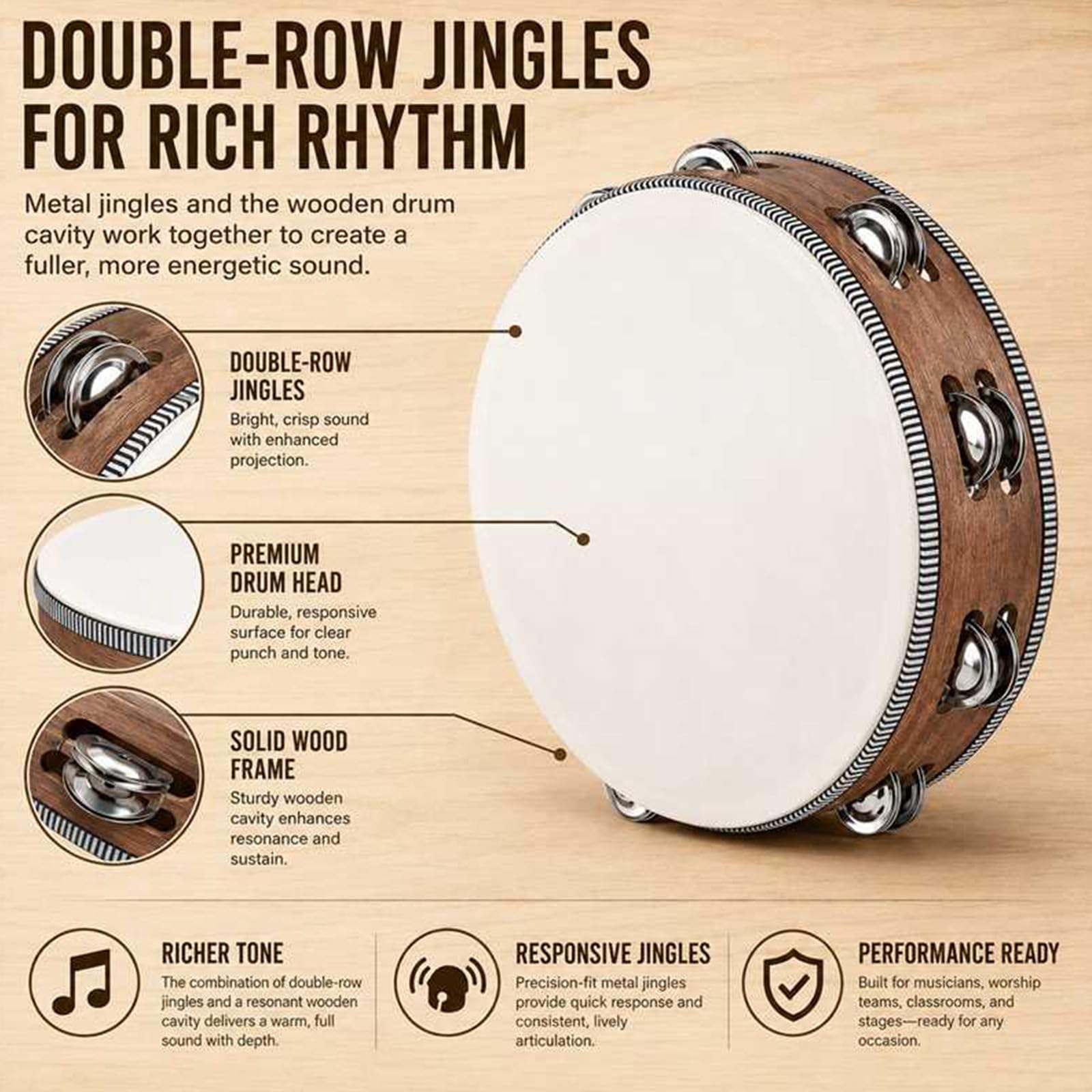 Boao Tamburin für Erwachsene, 15,2 cm, 20,3 cm, 25,4 cm, mit zweireihigem Schellen, Handschlagtrommel, Musikinstrument, Handglocke, Klatschtrommel, Holzmaserung, 6 Stück
