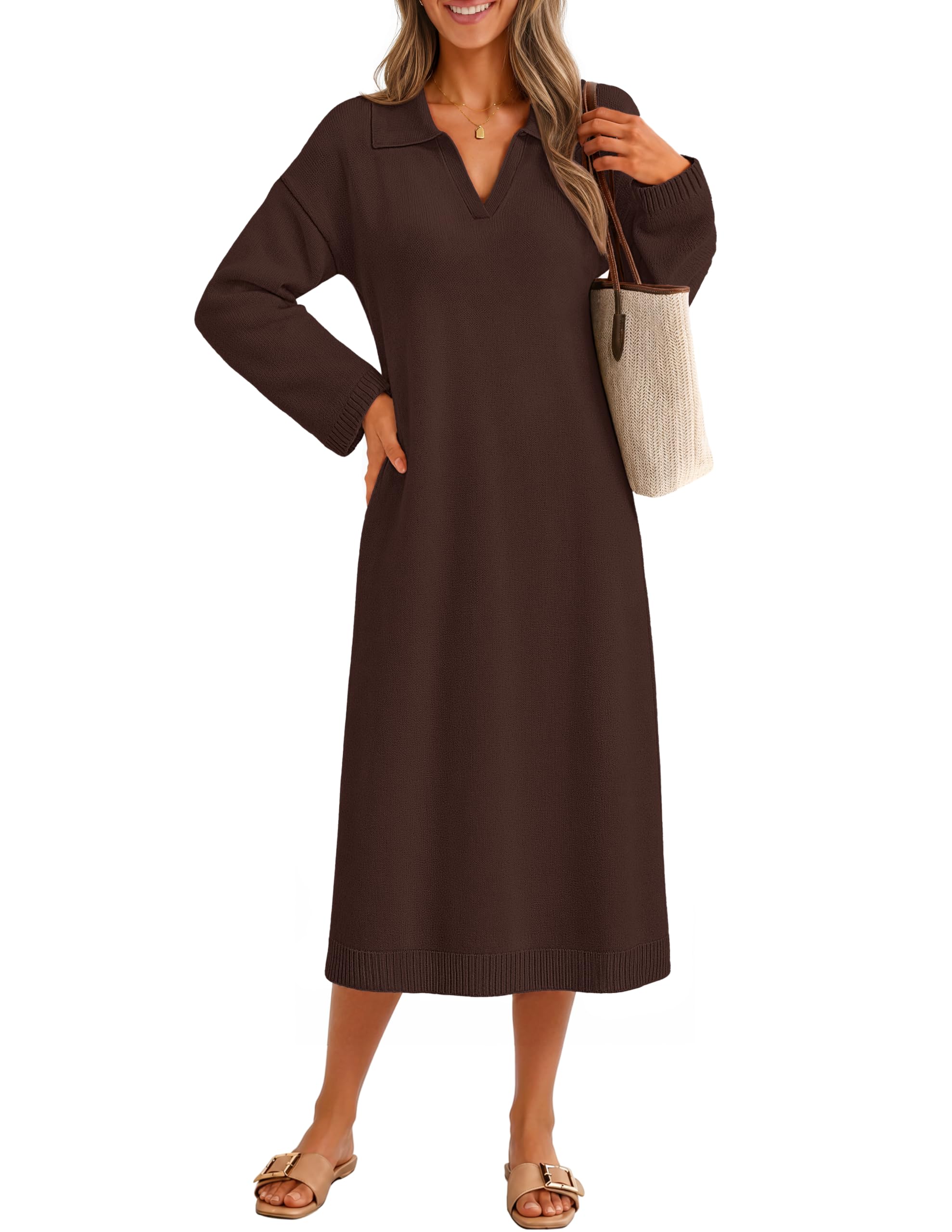 MEROKEETY Womens Long Sleeve V Neck T Shirt Sweater Dress, Coffee, M