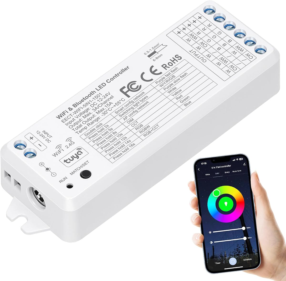 EMITEVER WiFi&Bluetooth 5-in-1 LED Controller WT5 Dimmable for DC12-24V PWM Single Color/CCT/RGB/RGBW/RGBCCT LED Strip Lights, Compatible with Tuya APP/Smart Life/Alexa/Google Home