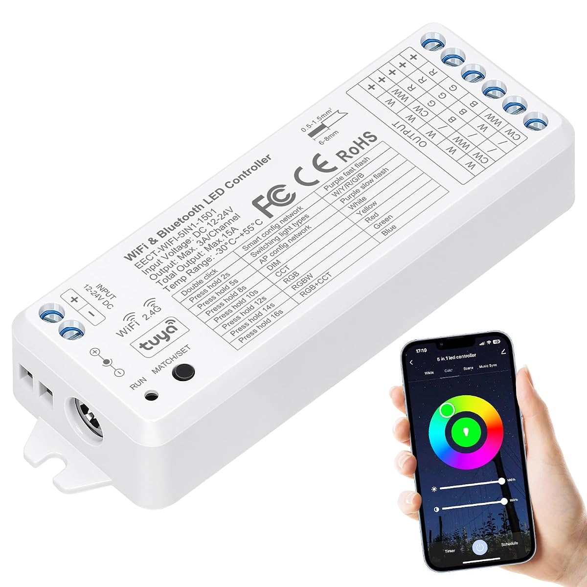EMITEVER WiFi&Bluetooth 5-in-1 LED Controller WT5 Dimmable for DC12-24V PWM
