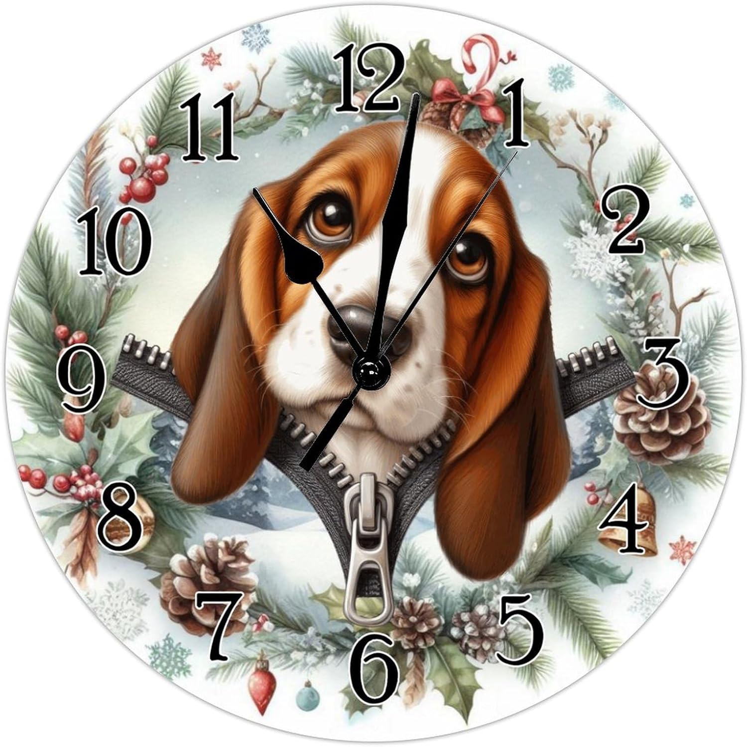 Basset Hound Clock Basset Hound Funny Zipper Peeking Dog Wood Wall Clock Pet Lover's Gift Round Wall Clocks Non-Ticking Silent Wall Clock for Home Living Room 12x12in