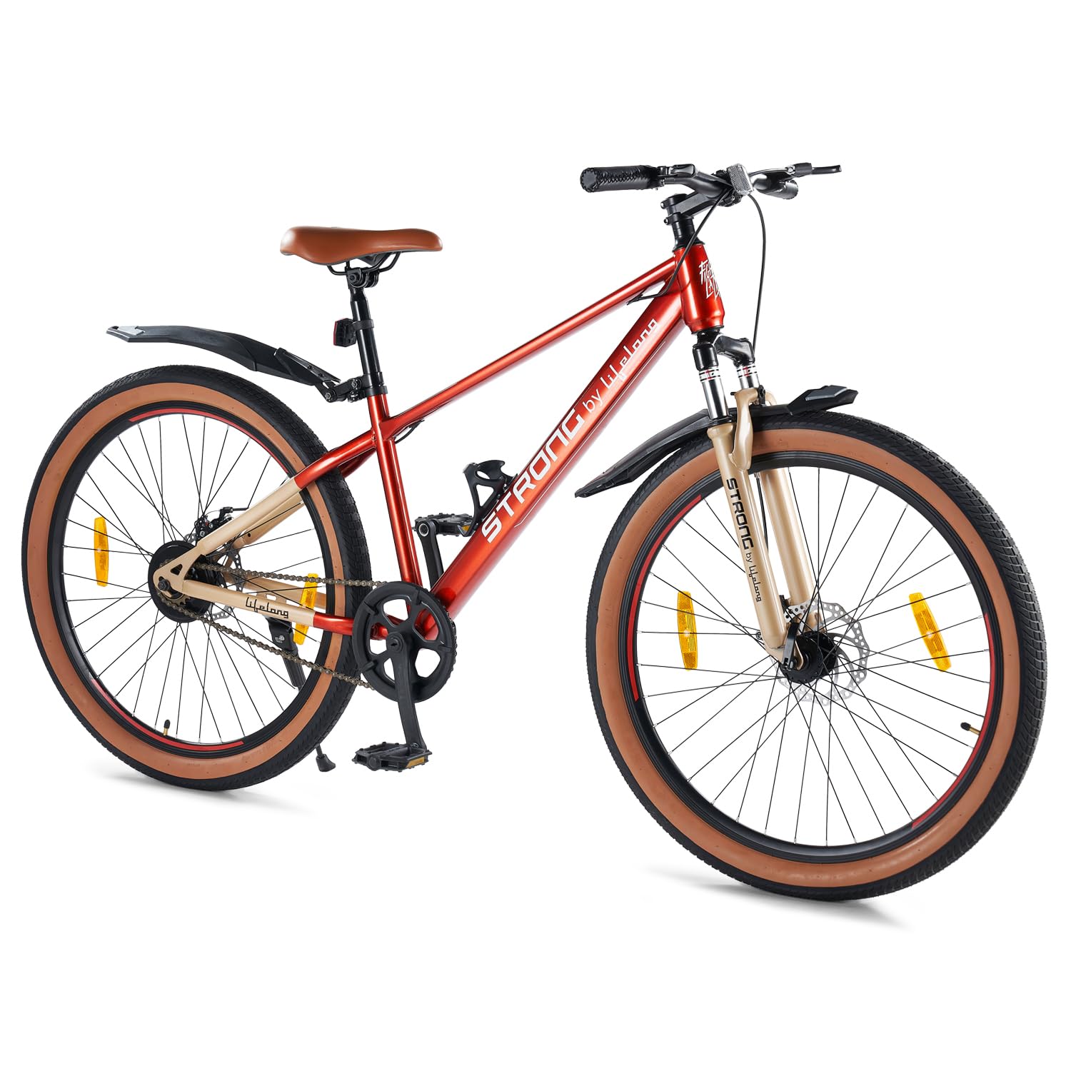 Lifelong Strong 27T MTB Cycle | 27.5” Mountain Bike for Men and Boys | Front Suspension Fork | Double Disc Brakes | Durable Steel Frame | Wide Tan Nylon Tires | Adjustable Seat | Cushioned Saddle-image-46