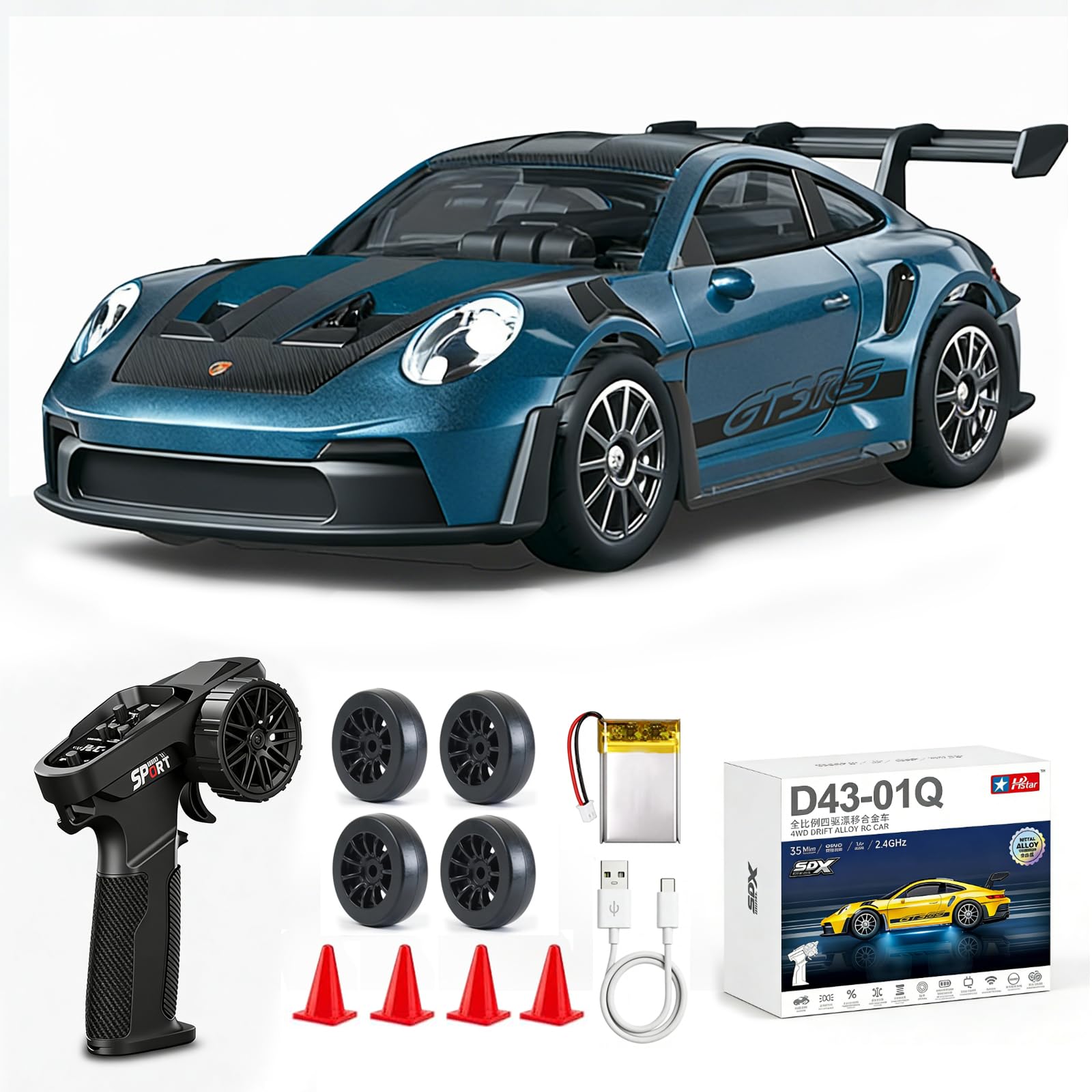 ARRIS 1/43 Scale RC Drift Car, Mini 911 RC Model Car 2.4GHz 4WD RC Alloy Vehicles with Gyro for LED Lights for Adults Hobby Toys (Blue)