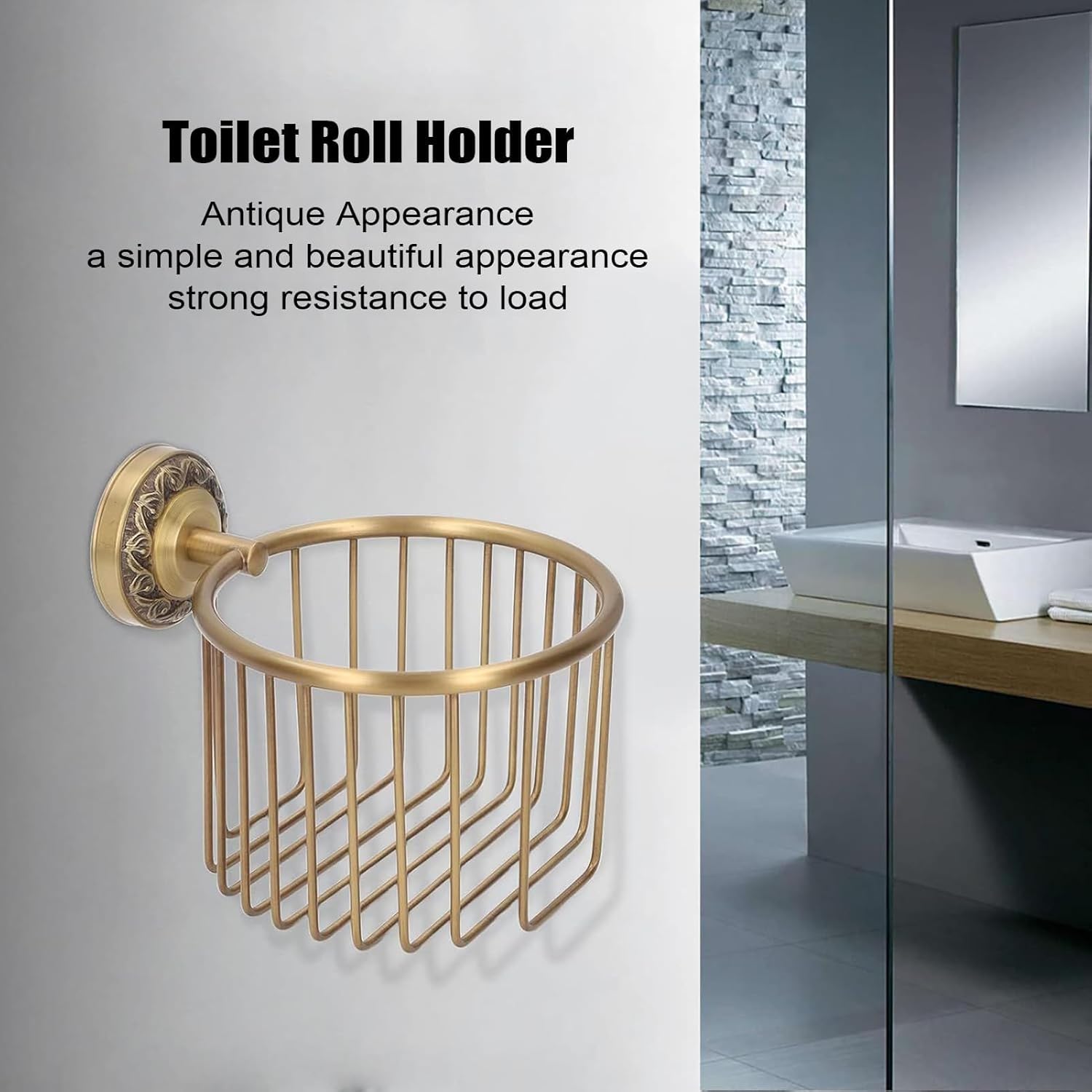 Vintage Gold Toilet Paper Holder with Basket, Wall - Mount Bathroom Storage for RV, Camper & Home