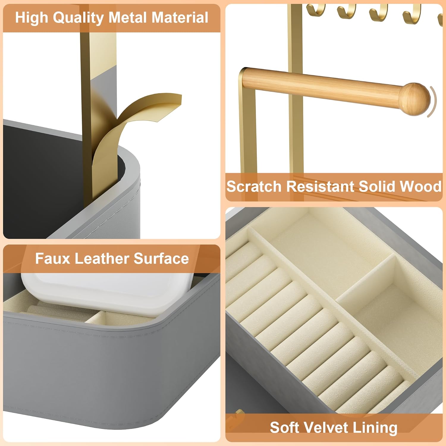 Vanity Mirror with Lights & 4 Tiers Jewelry Holder Organizer, Jewelry Display Stand for Bracelet, Necklace, Earrings, Rings, 1000mAh 3-Color Lighting Makeup Mirror, Light Gray