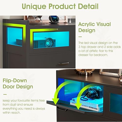 Miniatura 8 de Alohappy Cómoda de 9 cajones con estación de carga y luces LED, cómoda con 3 cajones visuales, cómoda de madera moderna para dormitorio, sala de