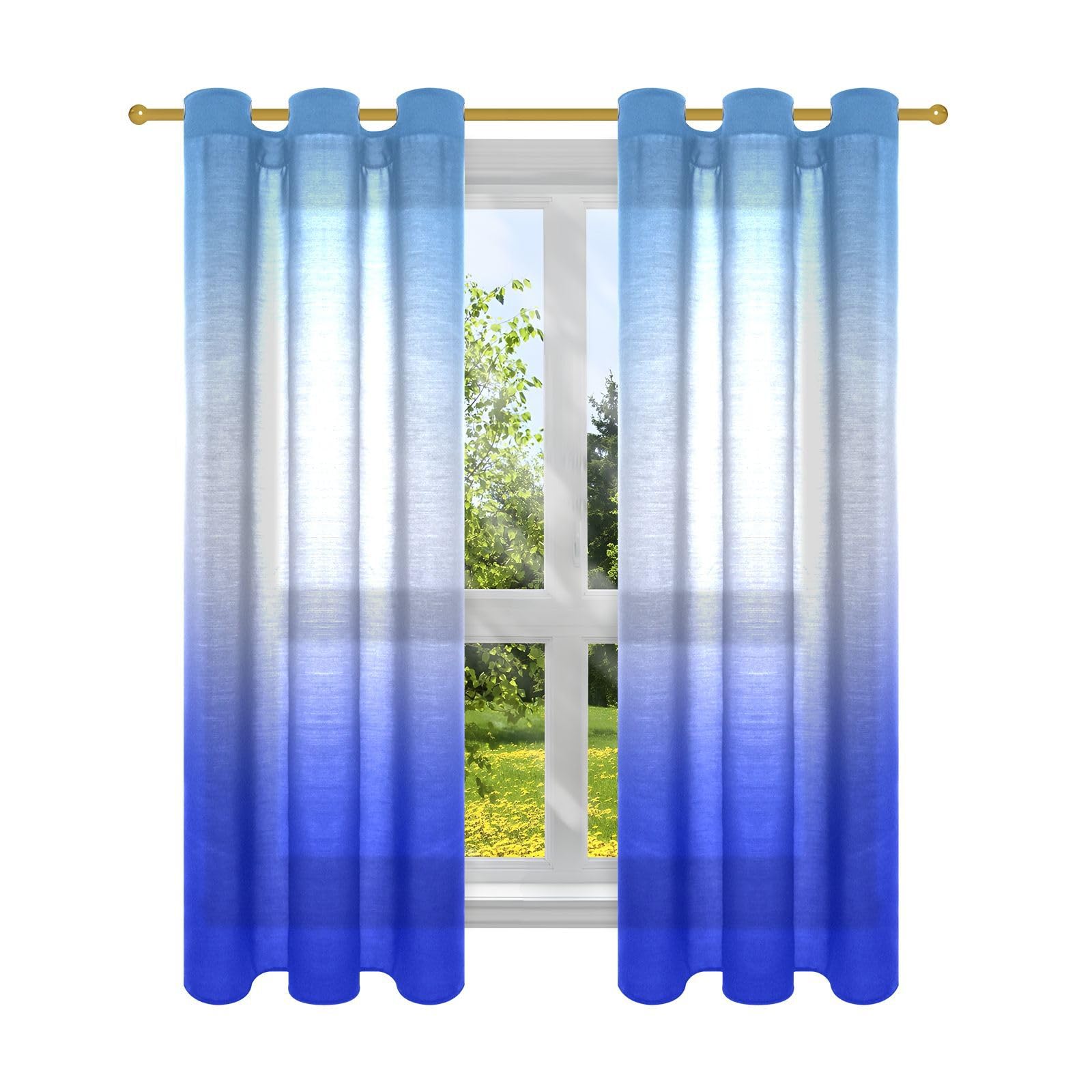 Rideaux en lin dégradé bleu calme 160 cm pour salon lumineux