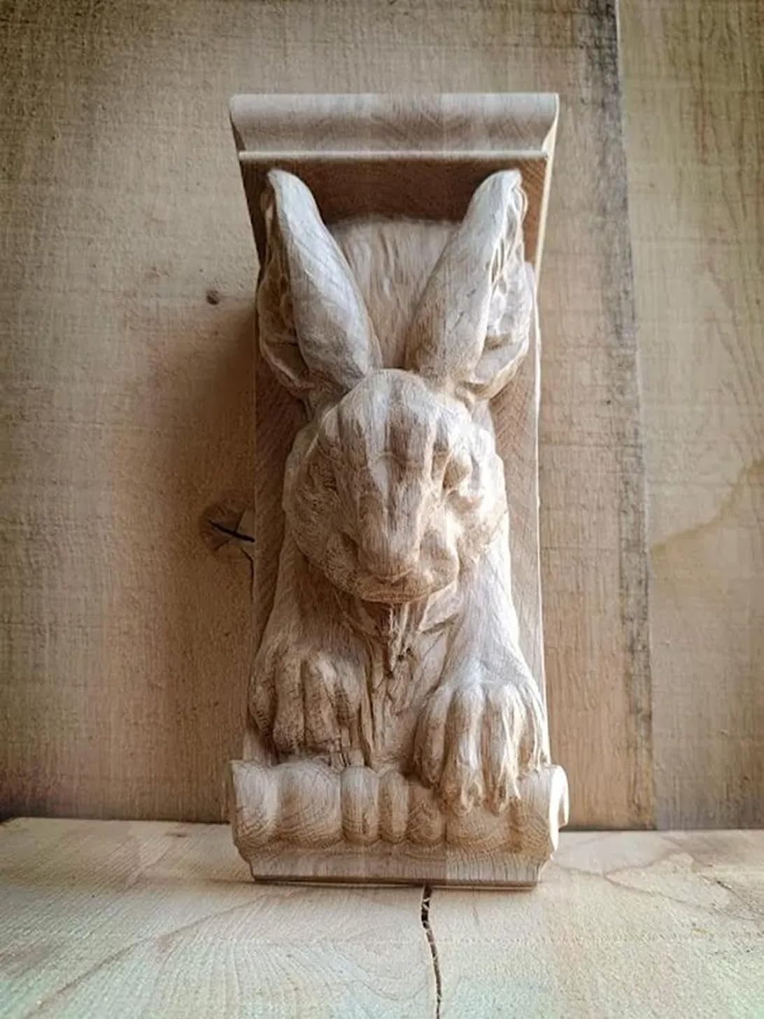 Hand-Carved Rabbit Head Wooden Corbel – Solid Oak Bracket for Shelf, Mantel, or Wall Decor – Whimsical Woodland Animal Accent – Unfinished – Small & Large Sizes (1, 11.4″)