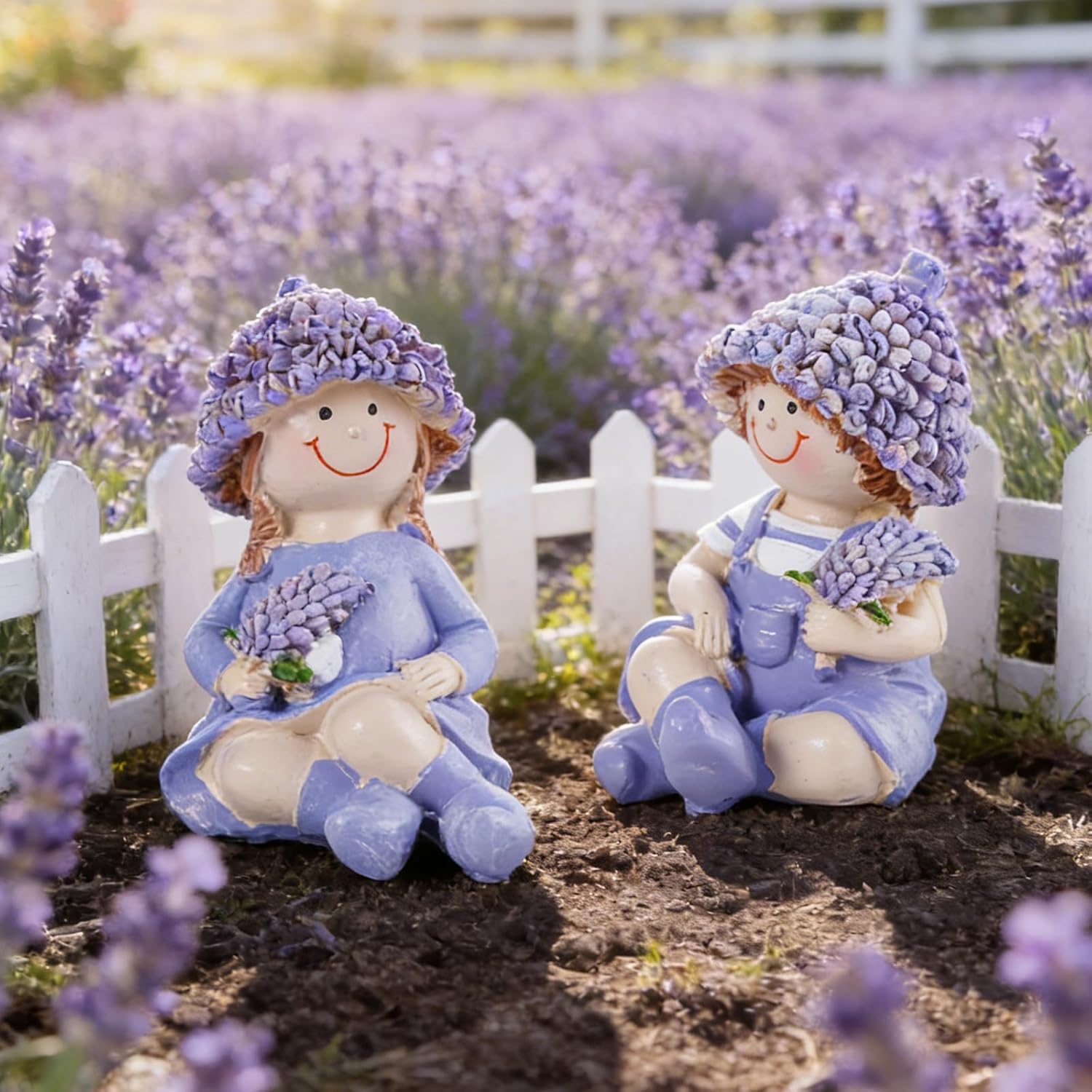 2-Piece Garden Statues Outdoor Lavender Boy and Girl Figurines Set Spring Figurines Resin Garden Statue for Tabletop Mantel Shelf Patio Yard Home Decor Gift