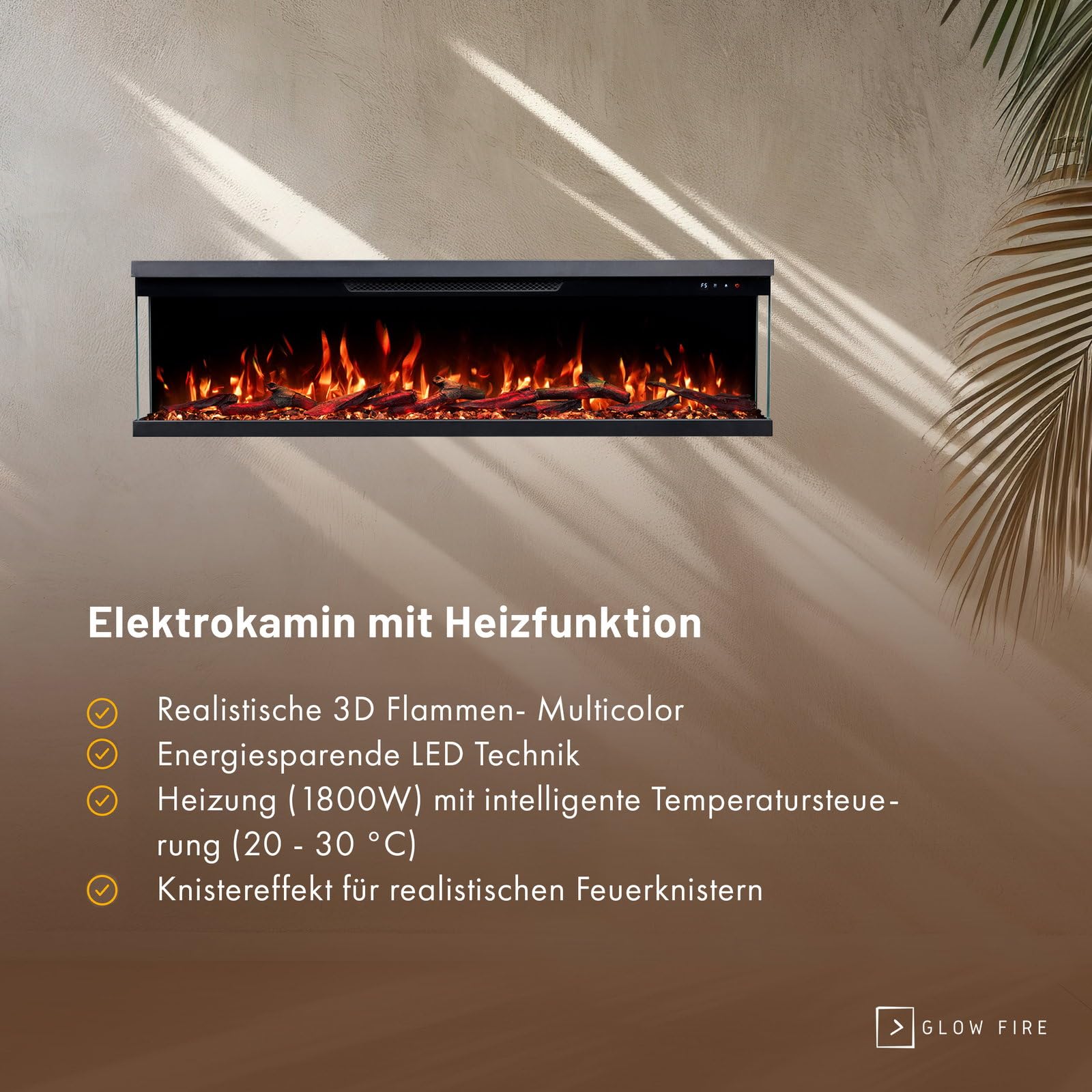 GLOW FIRE Kominek elektryczny Insert 106 z realistycznym ogniem LED 3D – ścienny kominek elektryczny z ogrzewaniem i ogniem, sterowanie za pomocą aplikacji, efekt trzaskania i timer, maks. 1800 W, 127