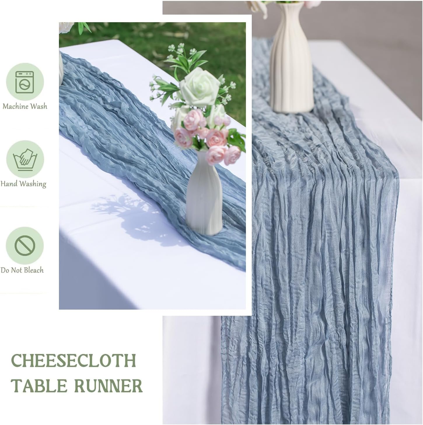10FT Cheesecloth Table Runners for Wedding & Holiday - Jumbo 35x118 Inch Wrinkle Texture, Machine Washable Boho Table Decor (Dusty Blue, 12PK-35x118 inches)