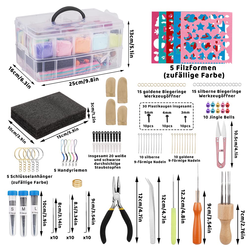 Ruasol Nadelfilz-Set, komplettes Nadelfilz-Werkzeug und Zubehör mit Filzwolle 50 Farben, Nadelfilz-Starter-Set mit Filzformen, hochdichte Schaumstoff-Aufbewahrungsbox für gefilzte Tier-Bastelarbeiten