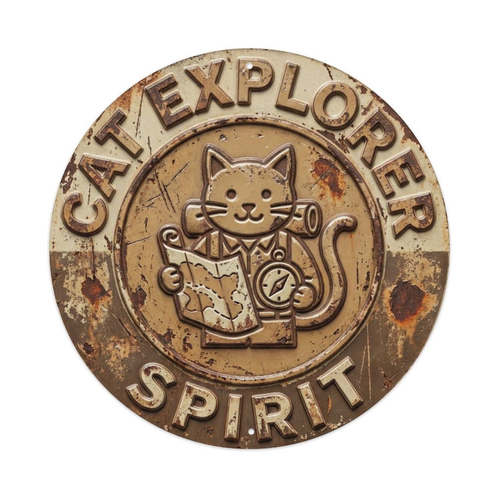 Cat Explorer Spirit Meow Metal Tin Sign Plaque Wall Decor for Cafe, Club Bar, Office, Home Garden Round Metal Poster 8x8Inch