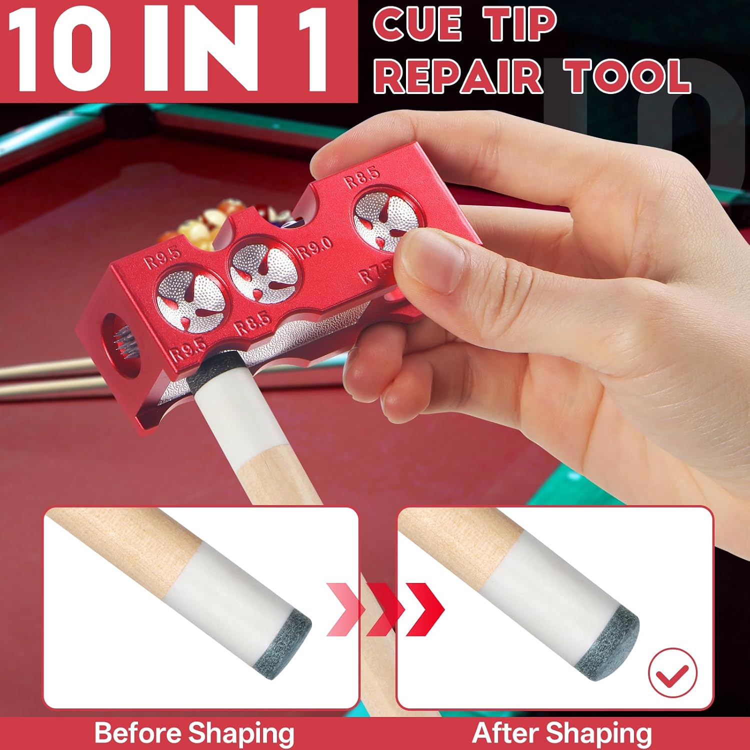 Kmise Cue Tip Replacement Tool Set - Portable Billiard Cue Tip Shaper, Multifunctional Aluminum Alloy Pool Cue Tip Repair Tool, Complete Accessories (Red)