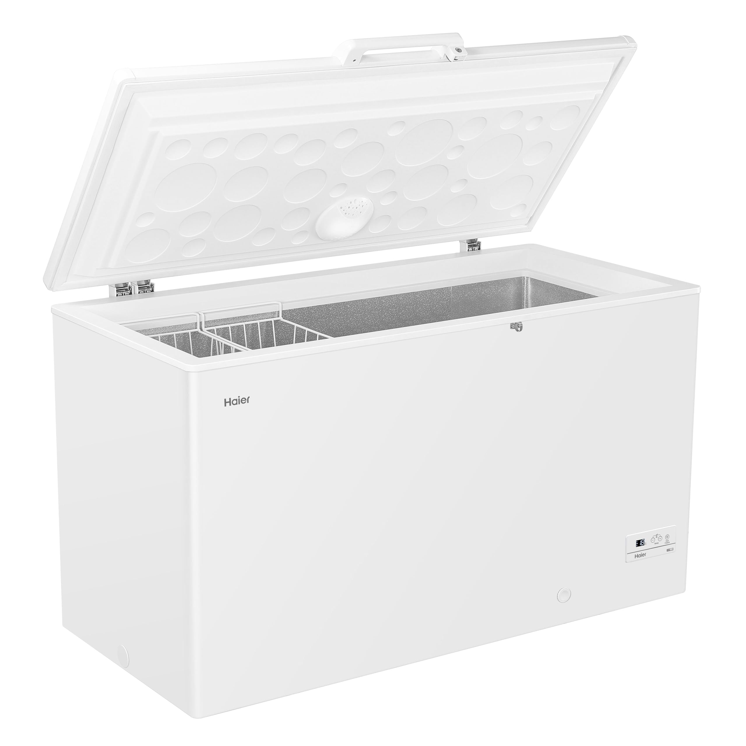 Haier HCE321C Gefriertruhe 319 L Tiefkühltruhe mit Innenbeleuchtung Super-Gefrierfunktion antibakterieller Dichtung 2 Metallkörben Energieklasse D