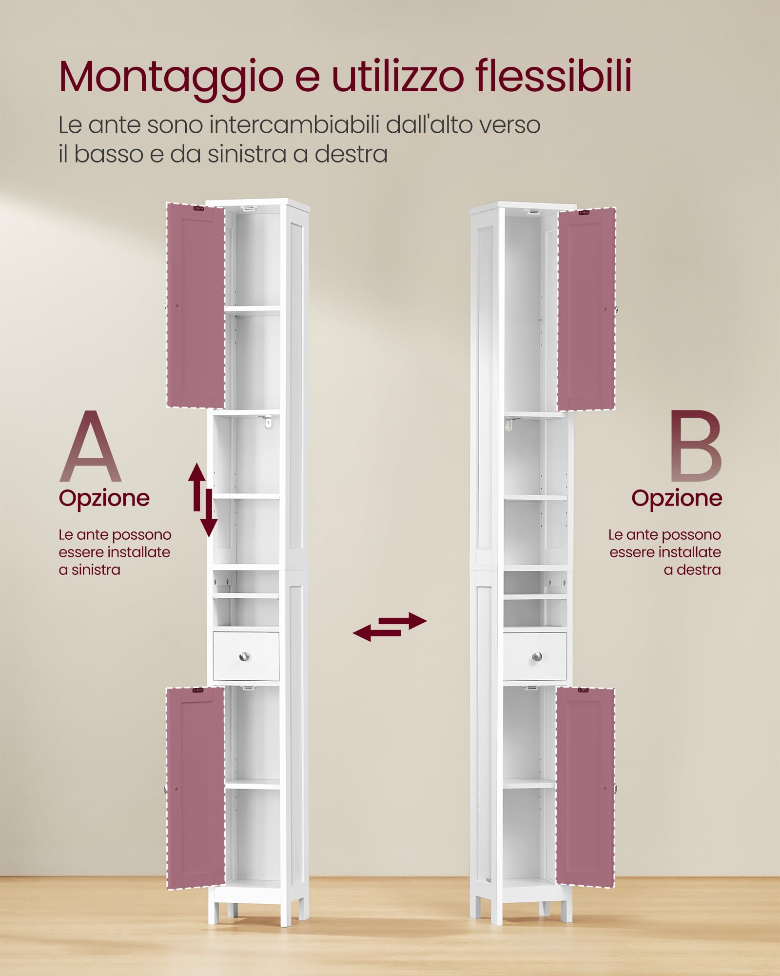 VASAGLE Armadio da Bagno Alto, Mobiletto da Bagno Stretto, con Ripiani Regolabili, Cassetto, Scomparti Aperti, per Piccoli Spazi, Moderno, Bianco Nuvola BBC765W01