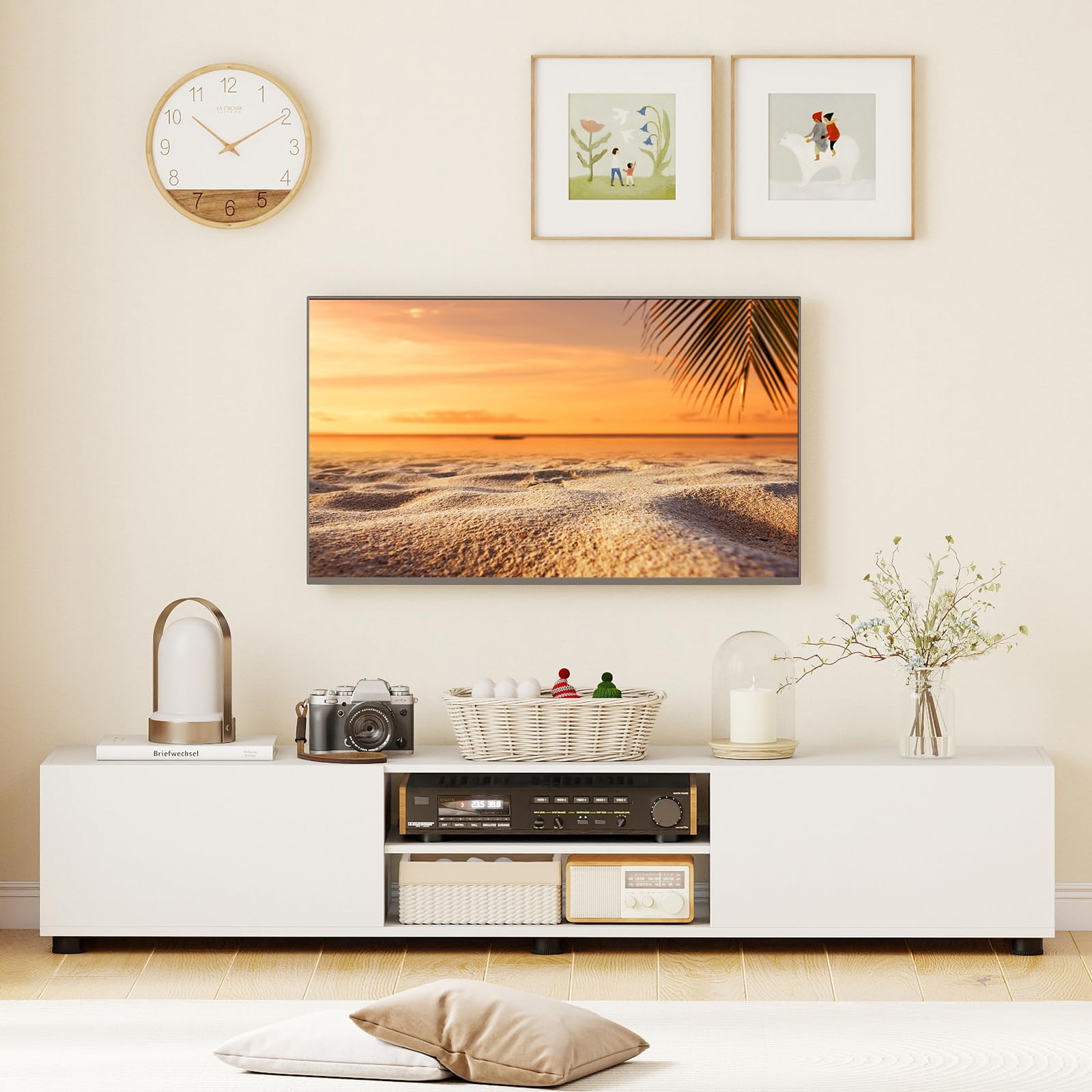 COSTWAY Mueble para TV de hasta 70 Pulgadas, 160x35x30 cm (Blanco) | Mesa de TV con Estantes Abiertos, Compartimentos, Puertas y 6 Patas de Apoyo,Centros Multimedia, Mueble Television para Salón
