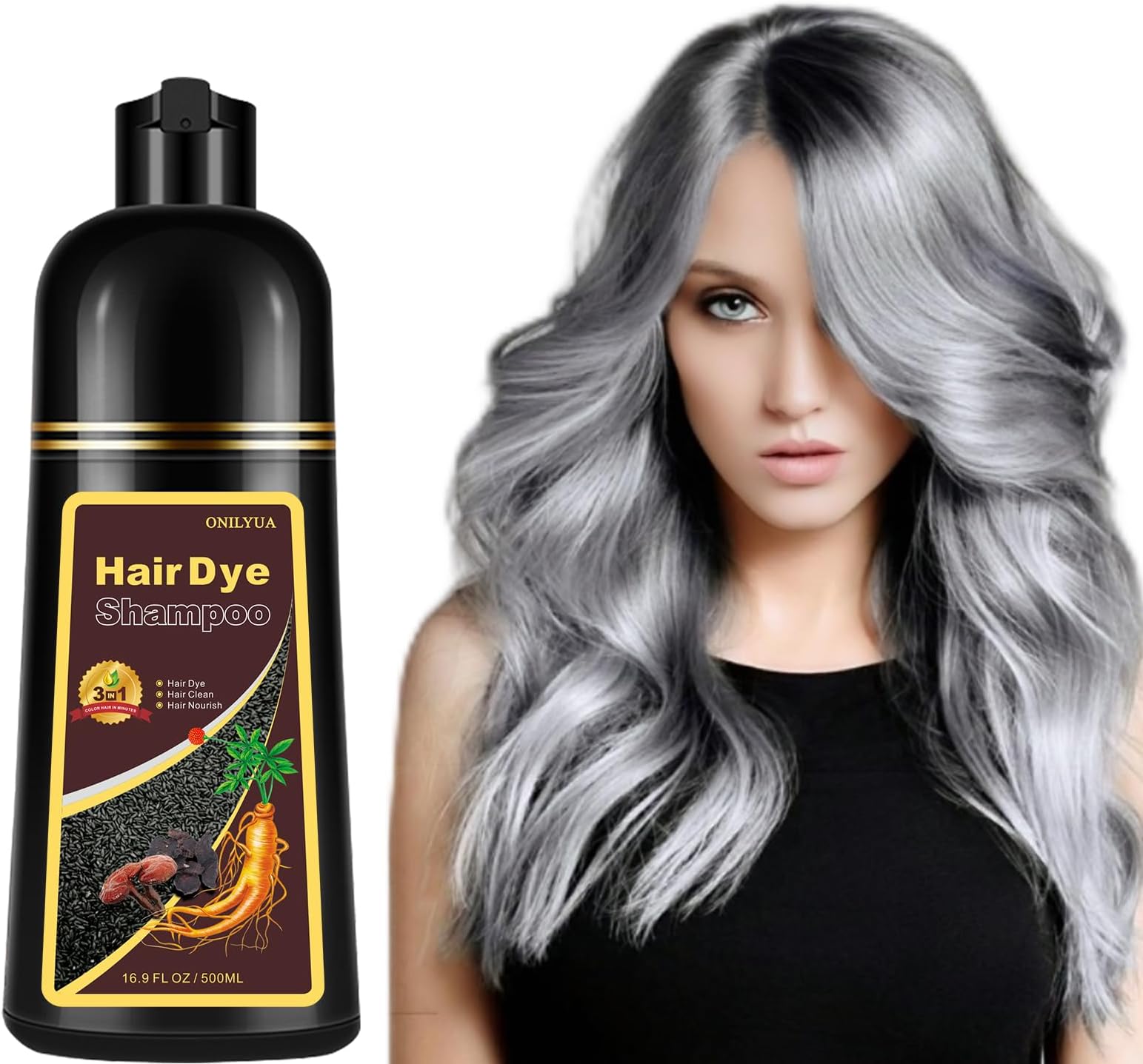 Fvquhvo Instant Silver Gray Hair Color Shampoo (3 in 1), 16.9 Fl Oz, Long Lasting,Unscented,Natural Dye Shampoo for Women Men