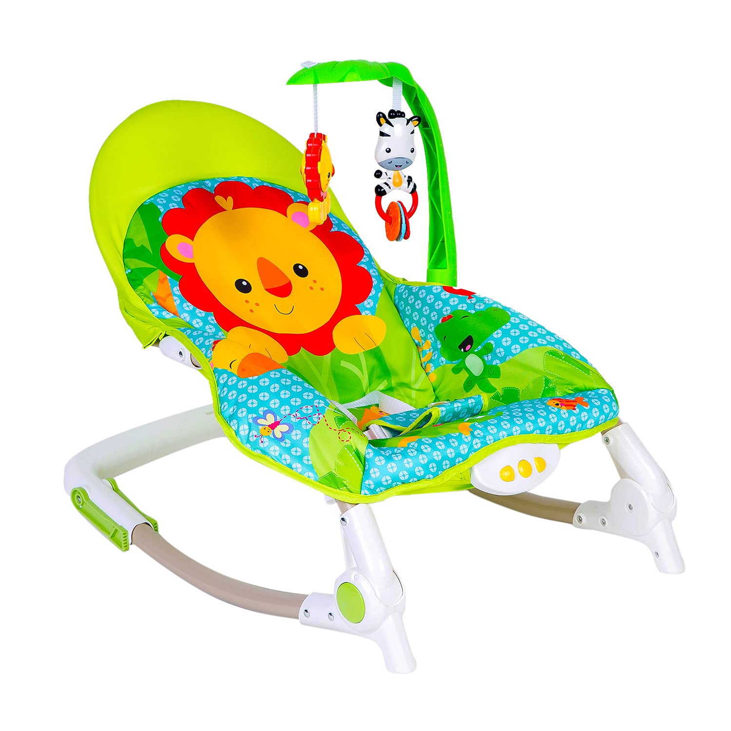 Baby Moo Newborn to Toddler Portable Rocker with Hanging Toys Lion Green I Baby Bouncer with Soothing Vibration and Music (0-36 Month)