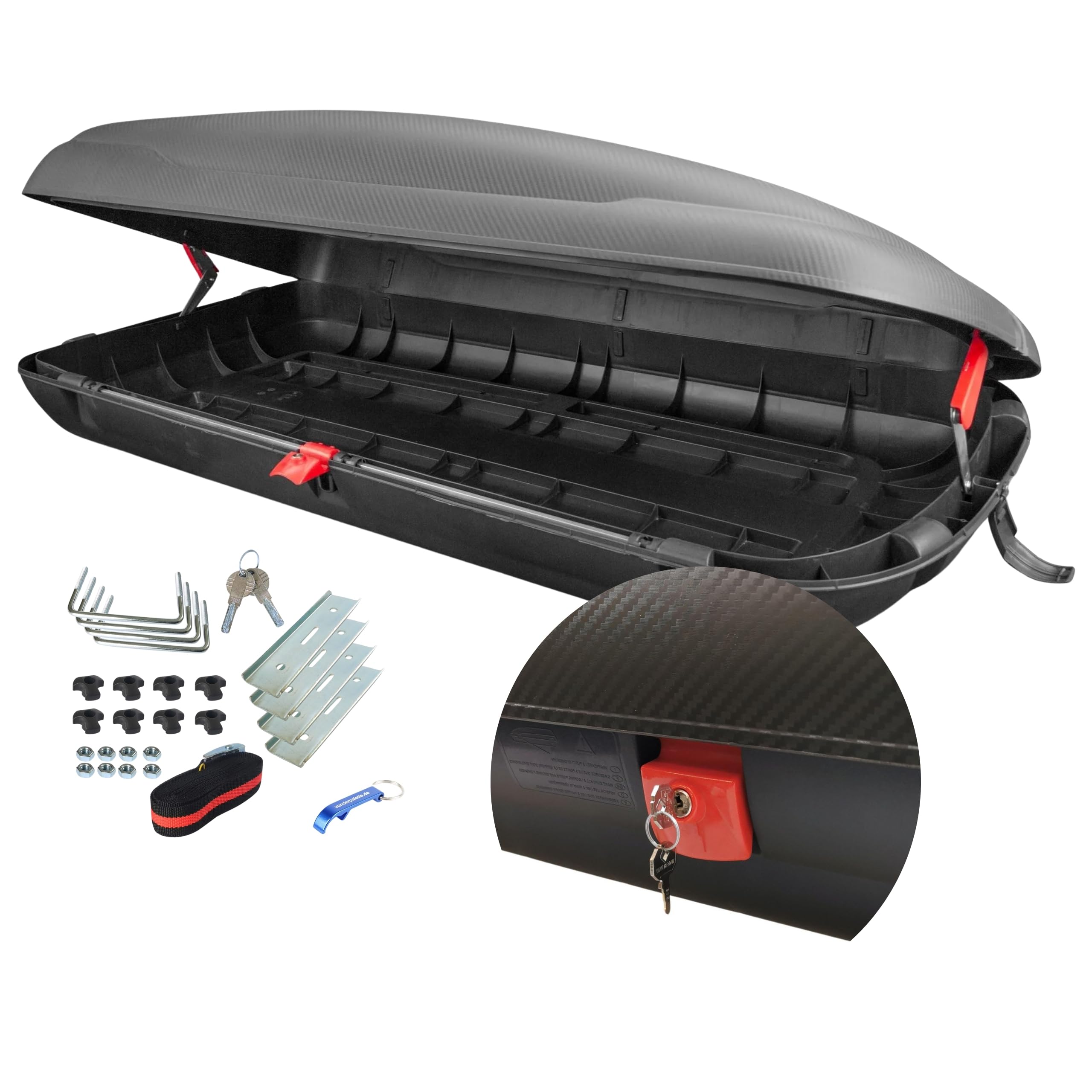 VDP-BA400 Coffre de toit de voiture avec accessoires - Coffre de toit - Aspect carbone - Verrouillage central verrouillable - Universel pour voiture van SUV 400L