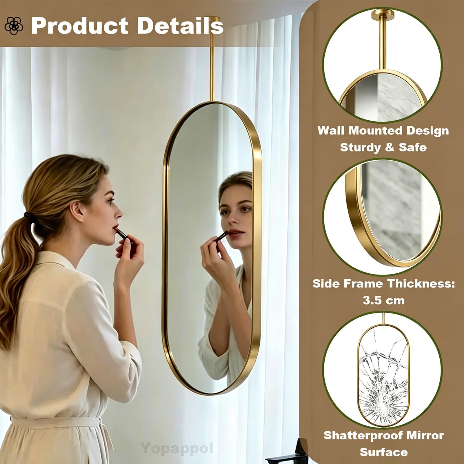 Grande Specchio Da Parete Per Bancone Del Bagno | Set Di Specchi Sospesi A Soffitto Ovale, Specchio Cosmetico Sospeso Con Cornice Dorata Per Camera Da Letto, Hotel(50cmx80cm)
