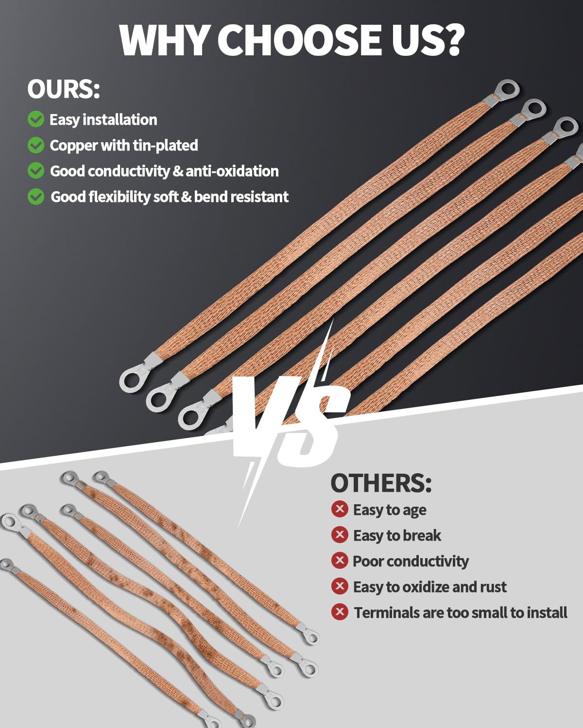 6-Pack Universal Engine Ground Straps – 12 Inch Braided Copper Ground Cable With Ring Terminals (Silver)