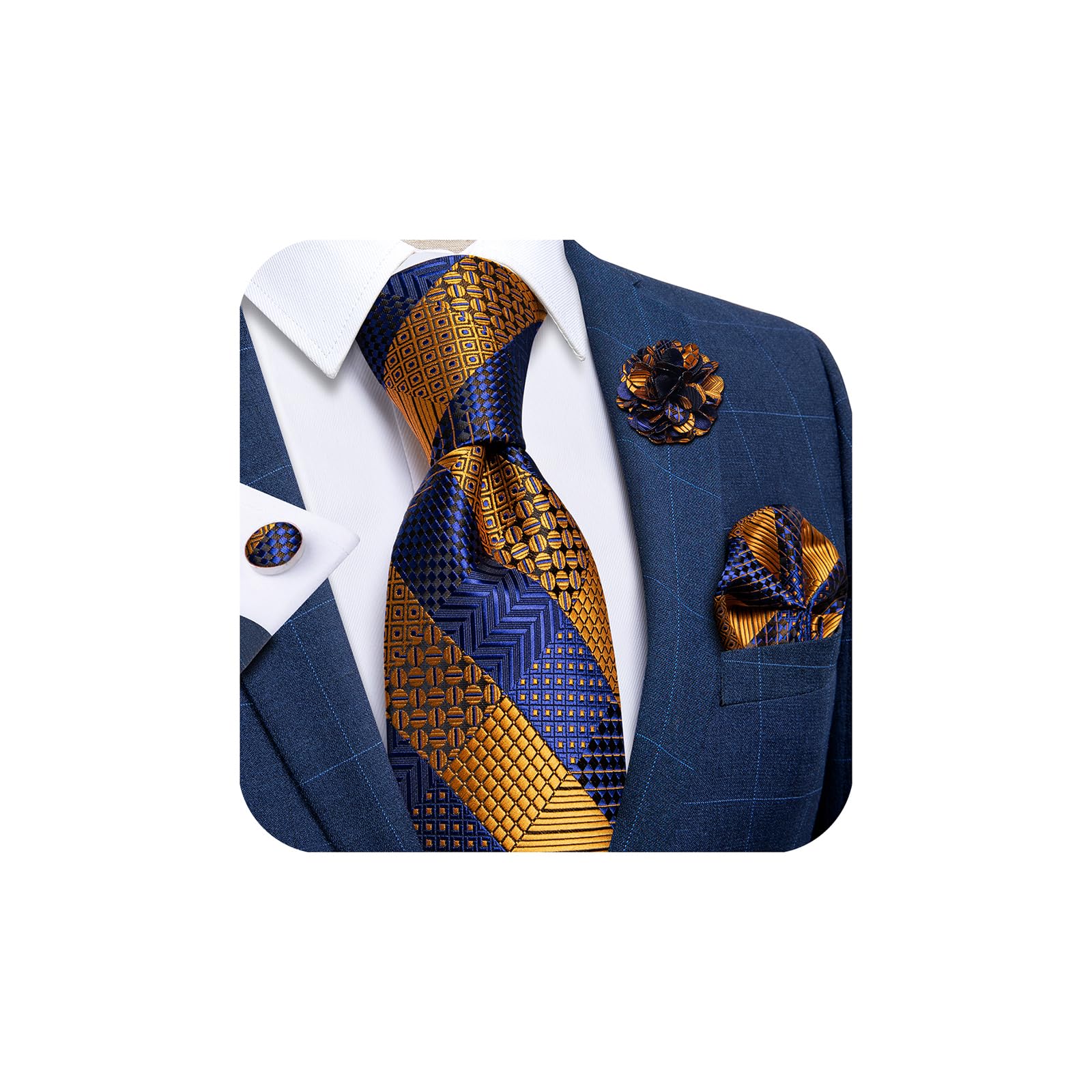 Silk Ties for Men Necktie and Lapel Pin Brooch Set Formal Woven Paisley Plaid Striped Solid Tie Wedding Party