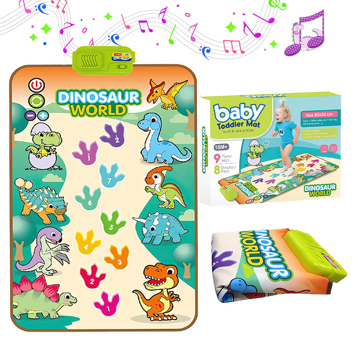 Kingsport Dinosaur World Piano Music Mat for Baby Toddler Educational Activity Play Mat Gift Dinosaur Carpet Colorful Kids Play Area Sensory Large 33.4" Dance Floor Toy with 9 Keys & Sounds Boys Girls