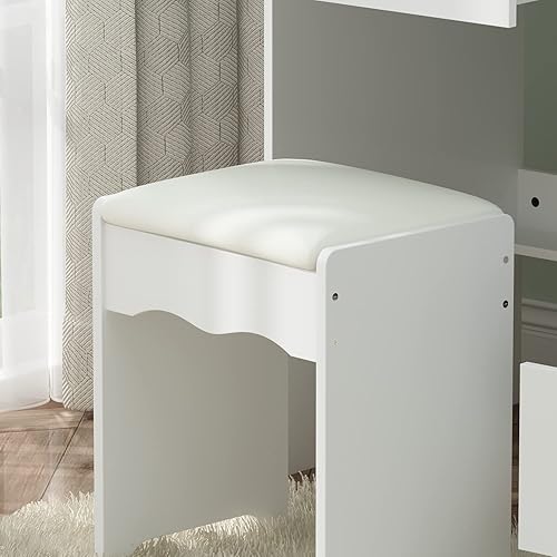 Miniatura 15 de Homsee Juego de escritorio de tocador con espejo grande iluminado deslizante, tocador con 5 cajones, estantes de almacenamiento y taburete acolchado